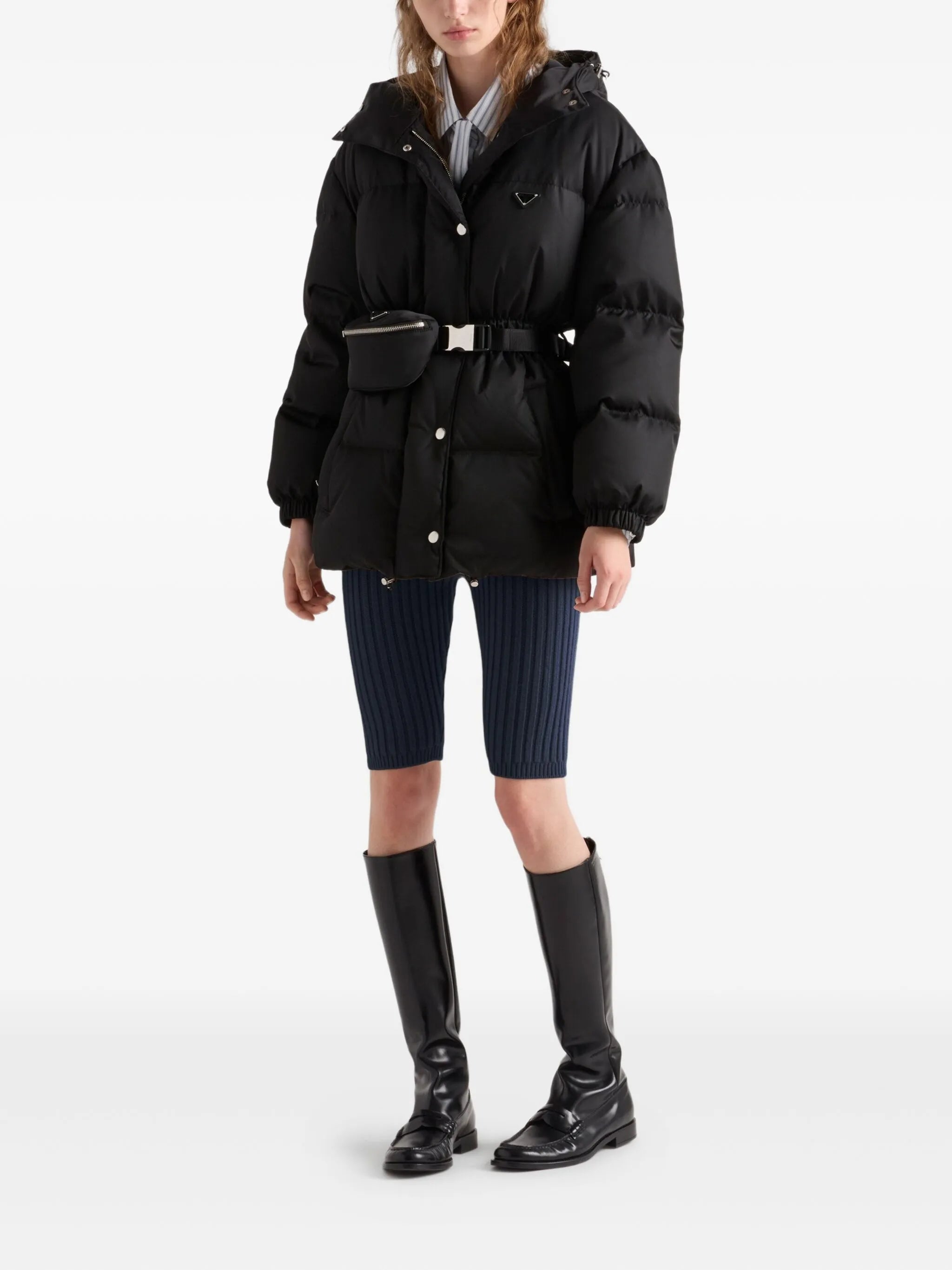 hooded belted down jacket