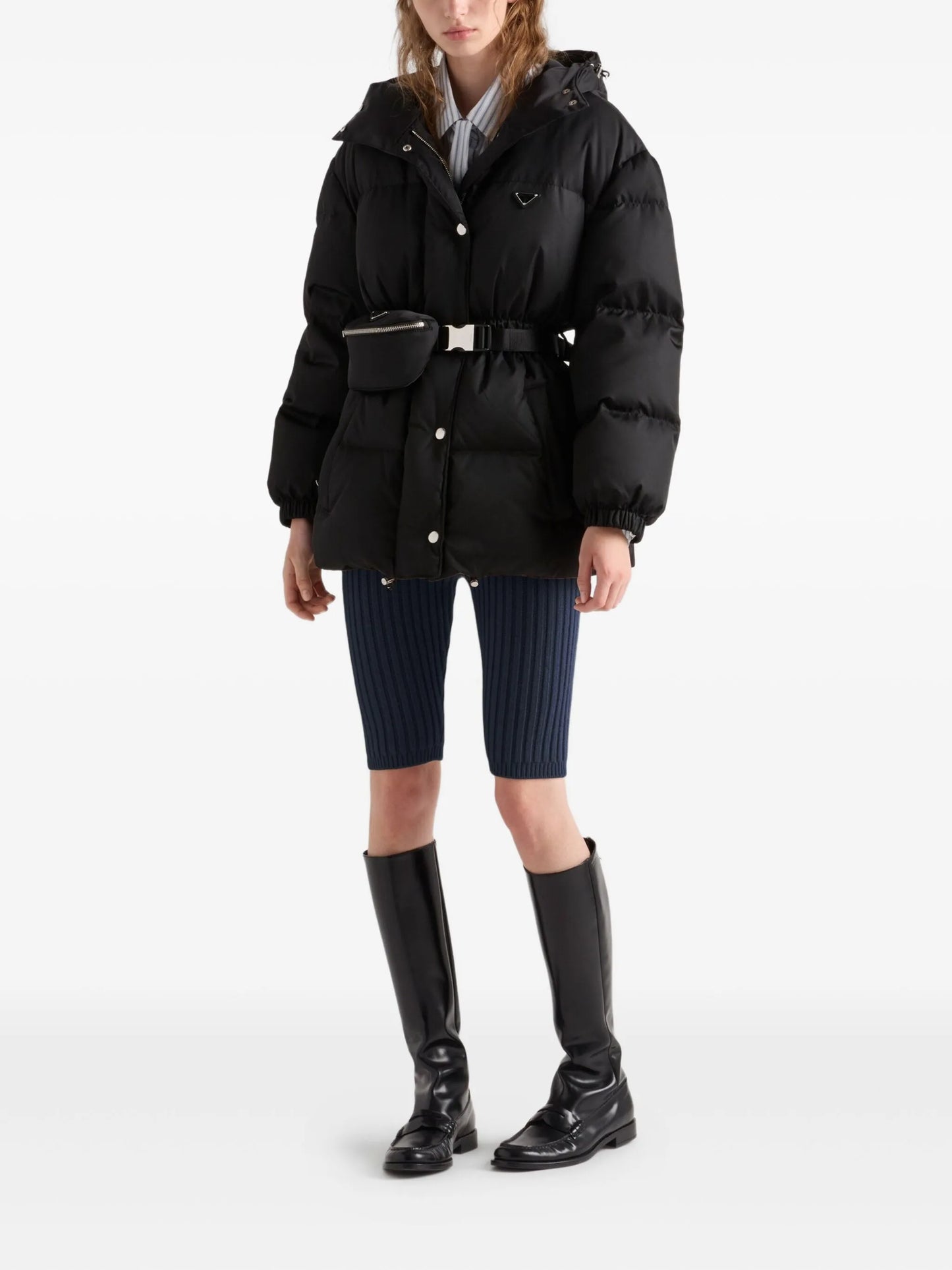 hooded belted down jacket