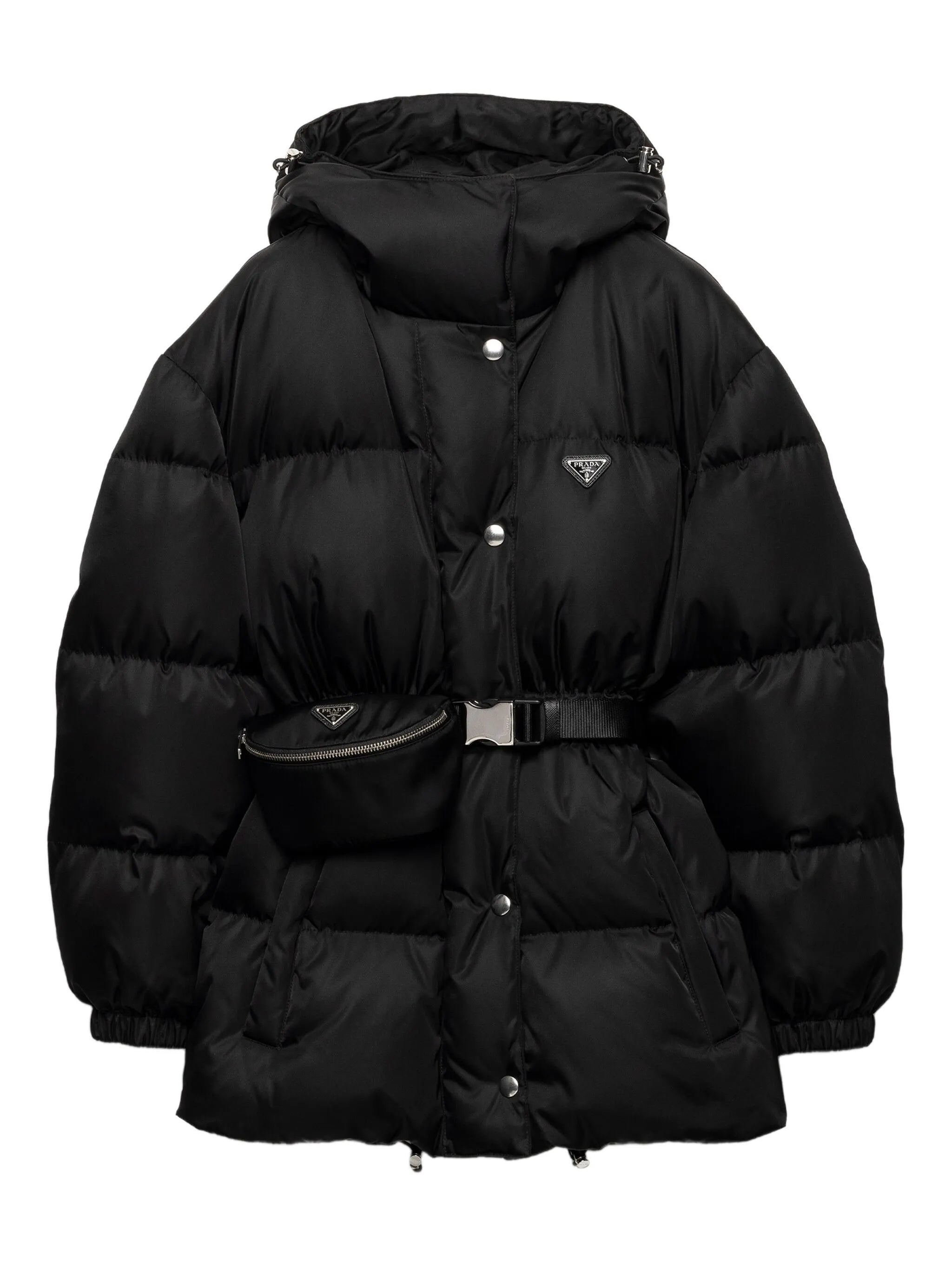 hooded belted down jacket