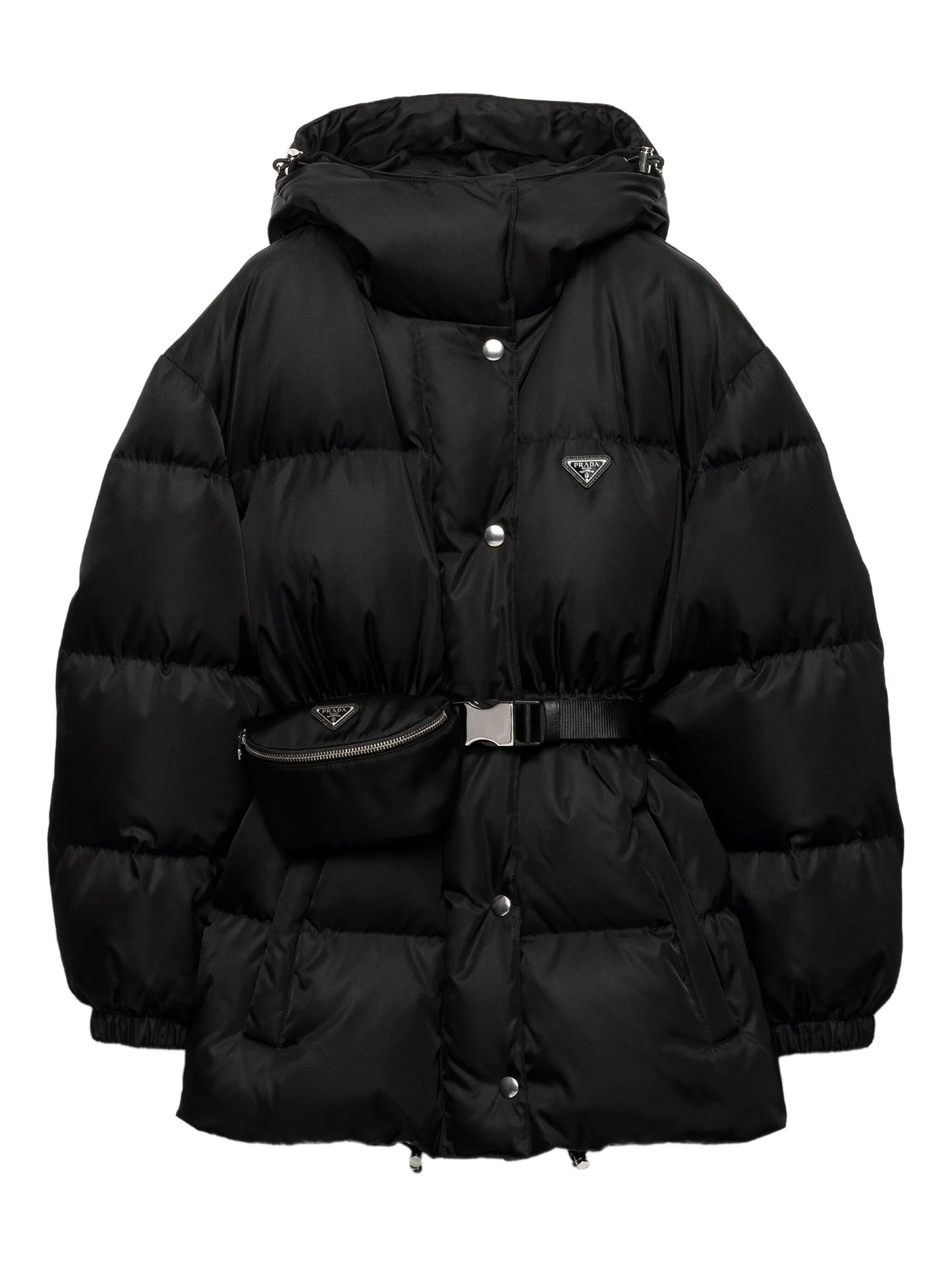 hooded belted down jacket