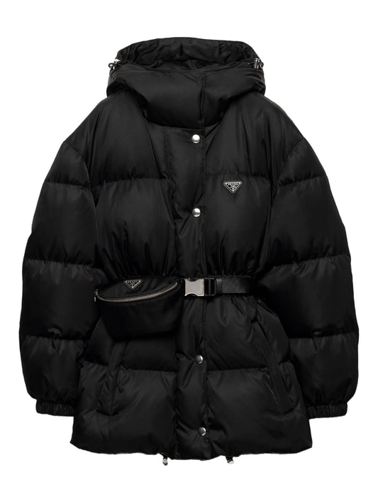 hooded belted down jacket