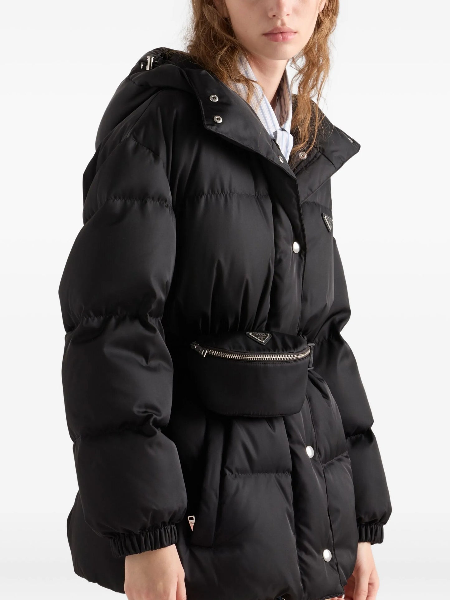 hooded belted down jacket