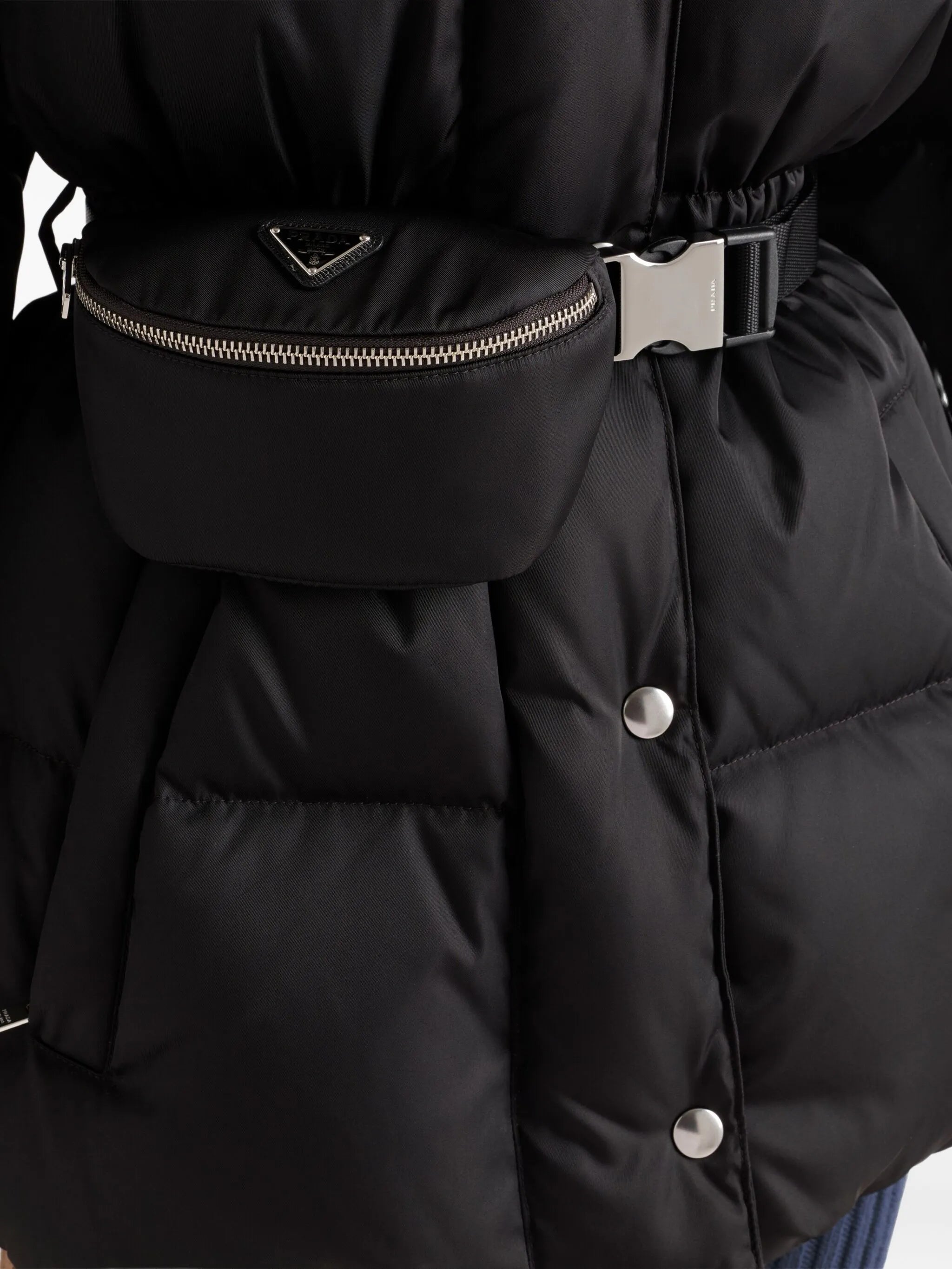 hooded belted down jacket