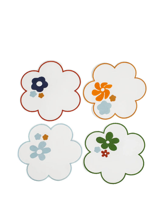 flower-shaped embroidered linen coasters (set of four)