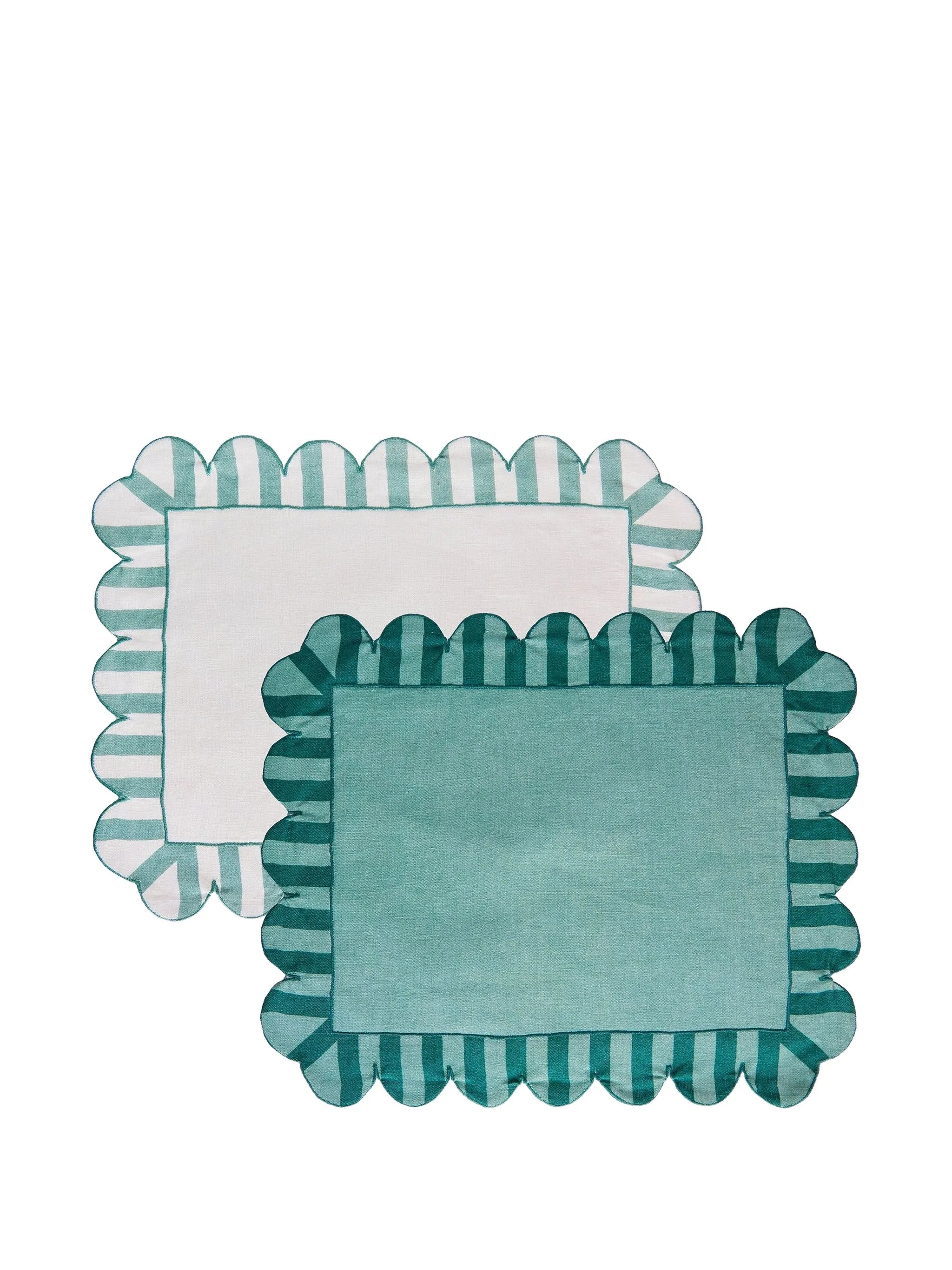 jardin embroidered linen scalloped stripe napkins in green (set of four)