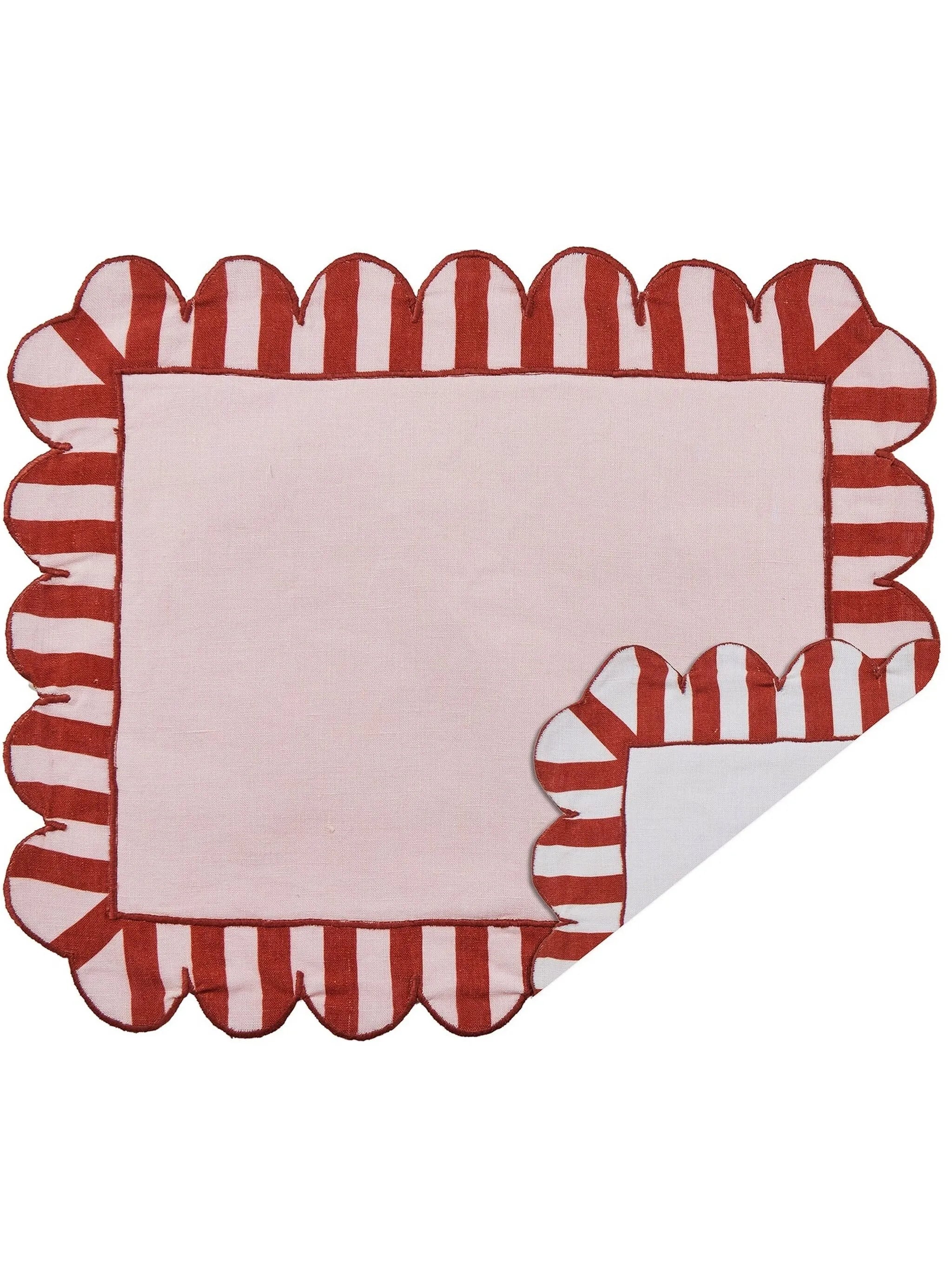 jardin embroidered linen scalloped stripe double-sided placemats in red (set of four)
