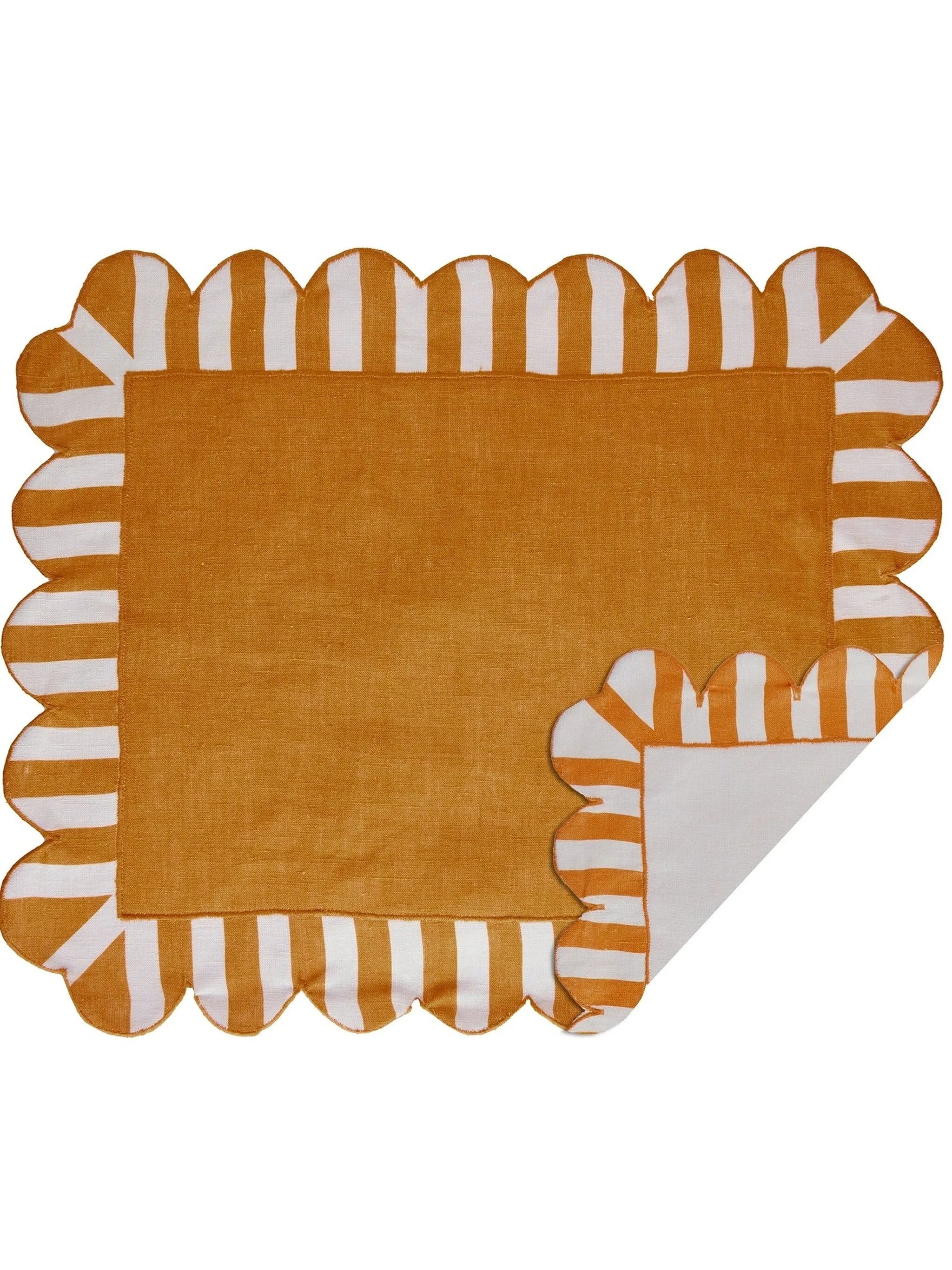 jardin embroidered linen scalloped stripe double-sided placemats in amber (set of four)