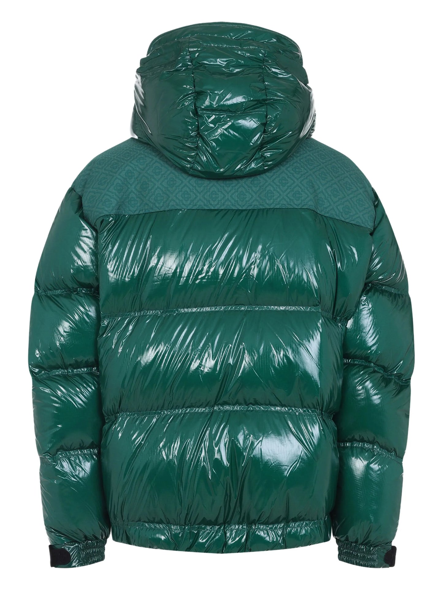 high-shine patterned-panel puffer jacket