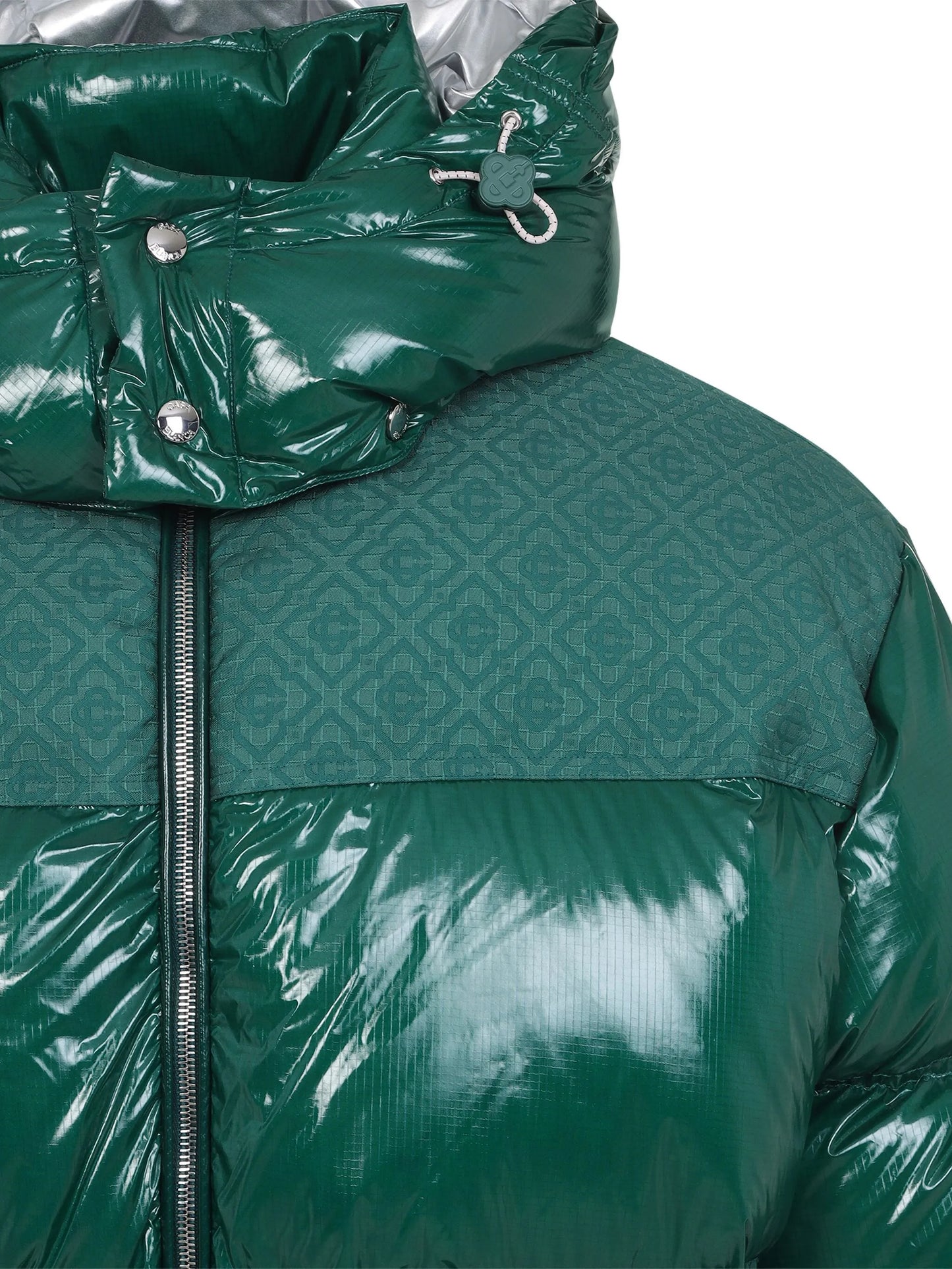 high-shine patterned-panel puffer jacket