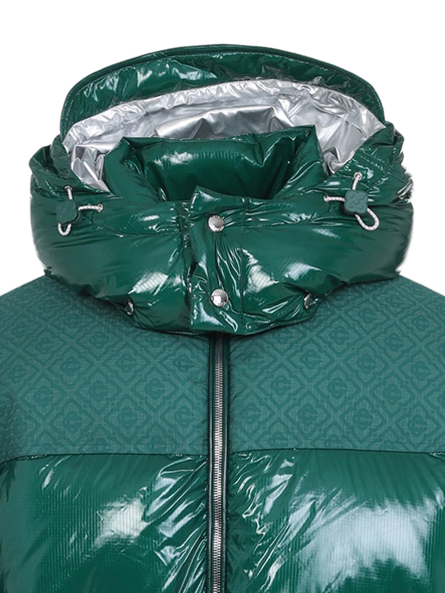 high-shine patterned-panel puffer jacket