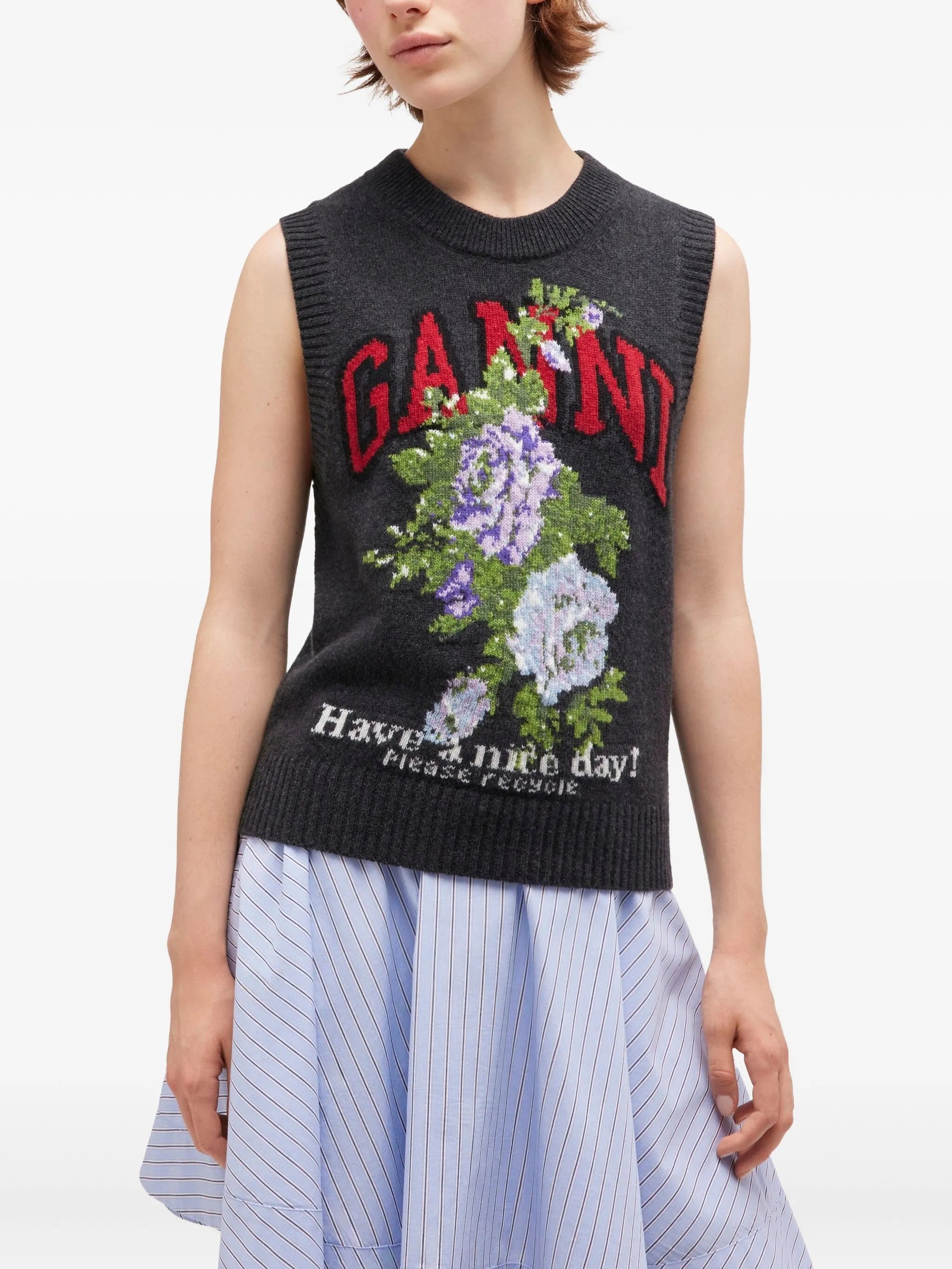 floral-print wool vest