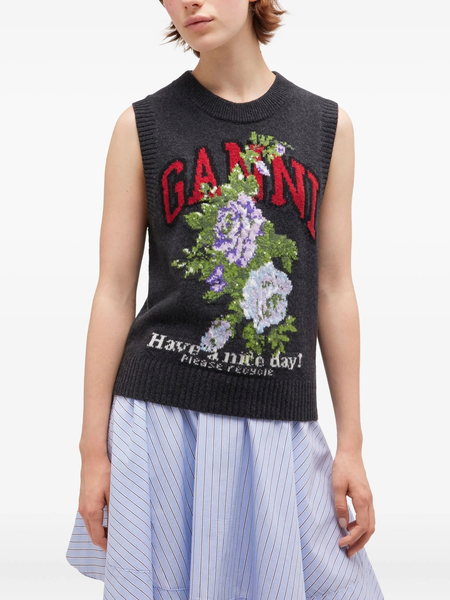 floral-print wool vest
