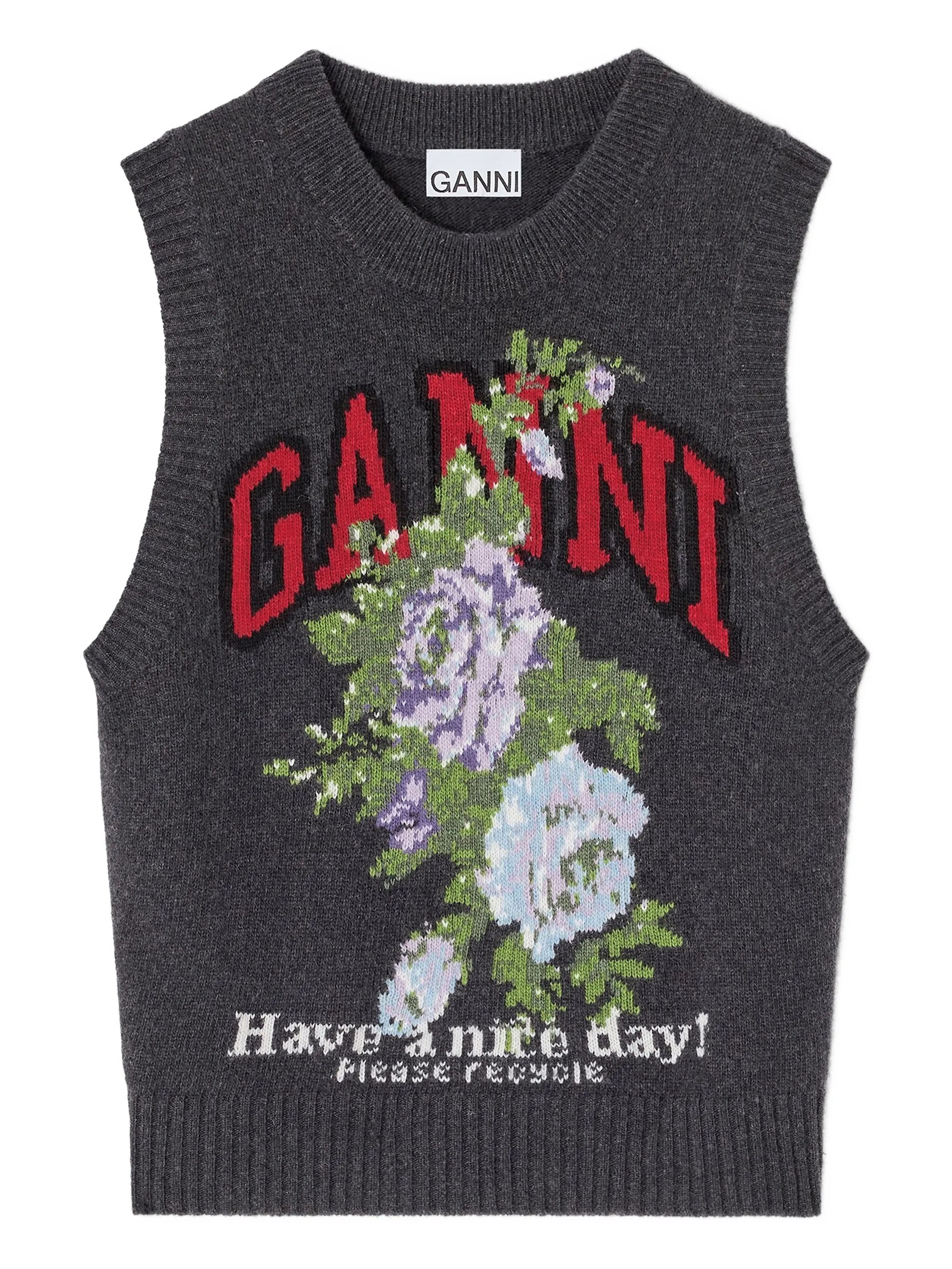 floral-print wool vest