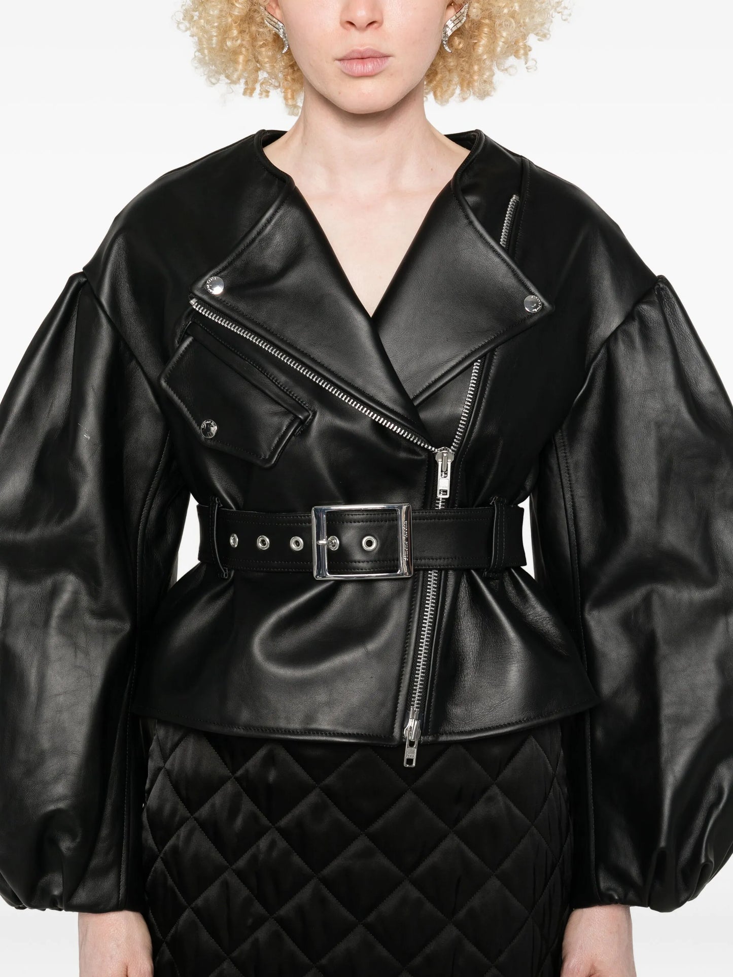 belted puff-sleeve leather jacket