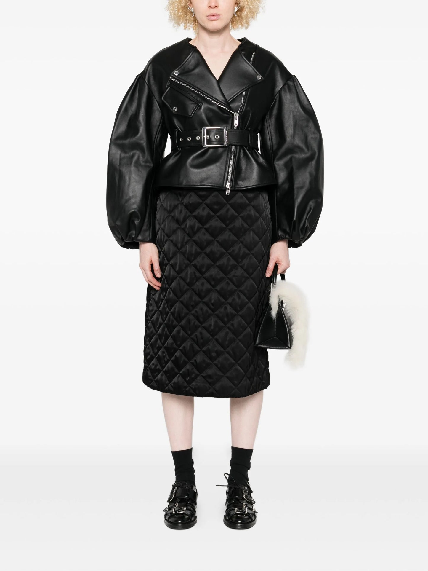 belted puff-sleeve leather jacket