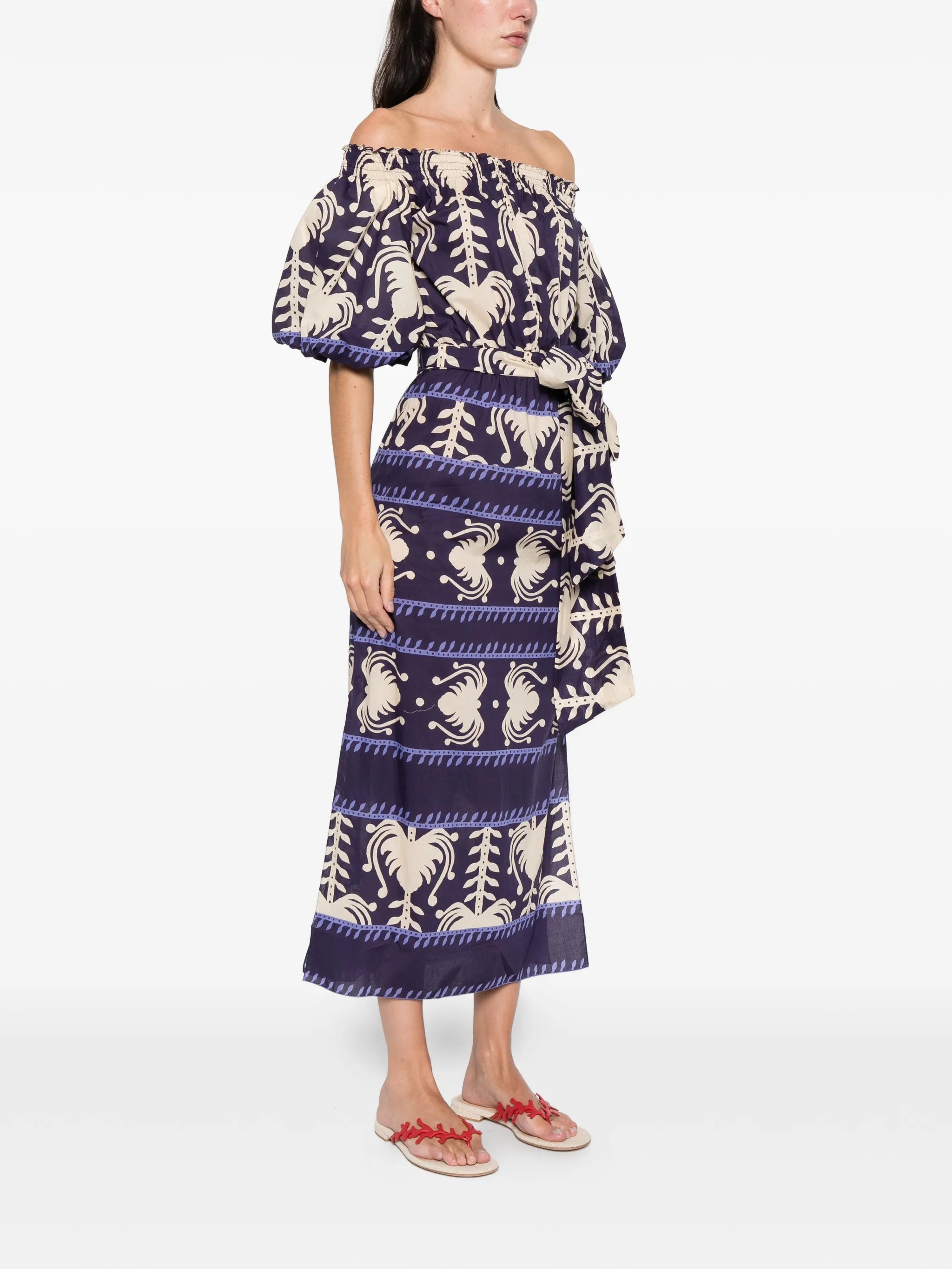 off-shoulder patterned midi dress
