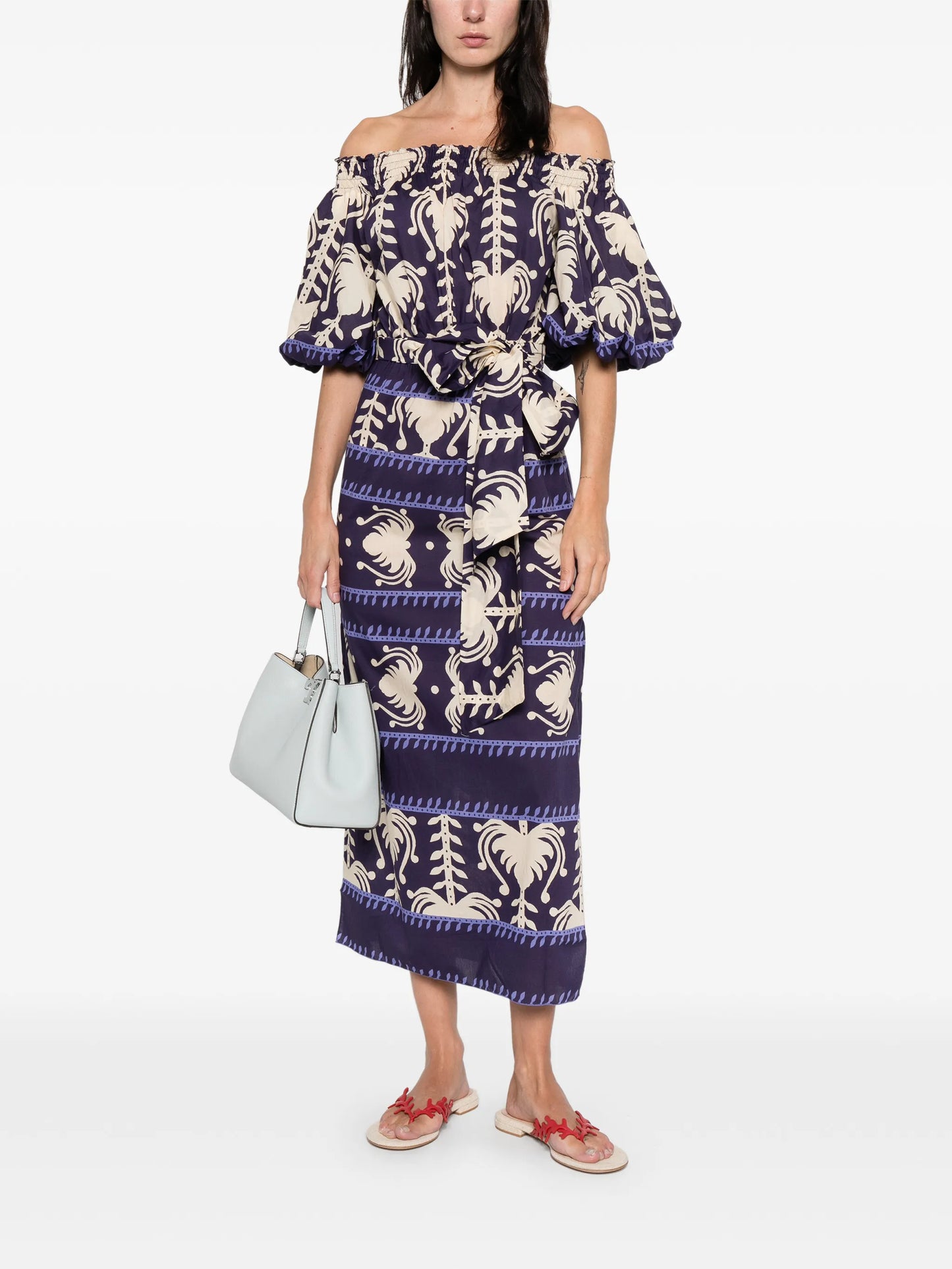 off-shoulder patterned midi dress