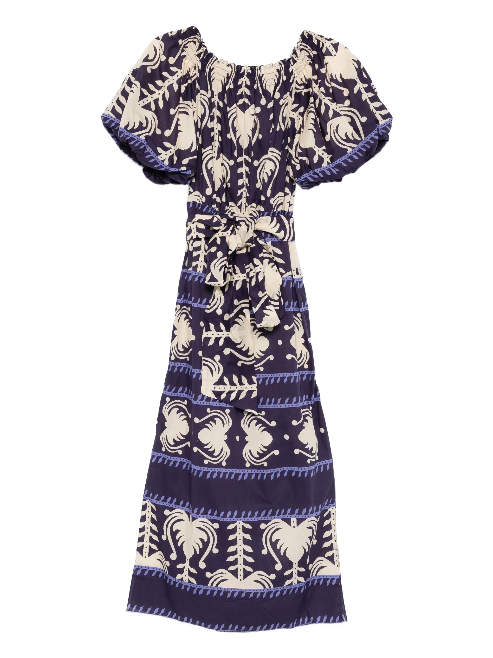 off-shoulder patterned midi dress