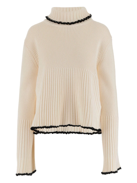 ribbed high-neck ruffled sweater