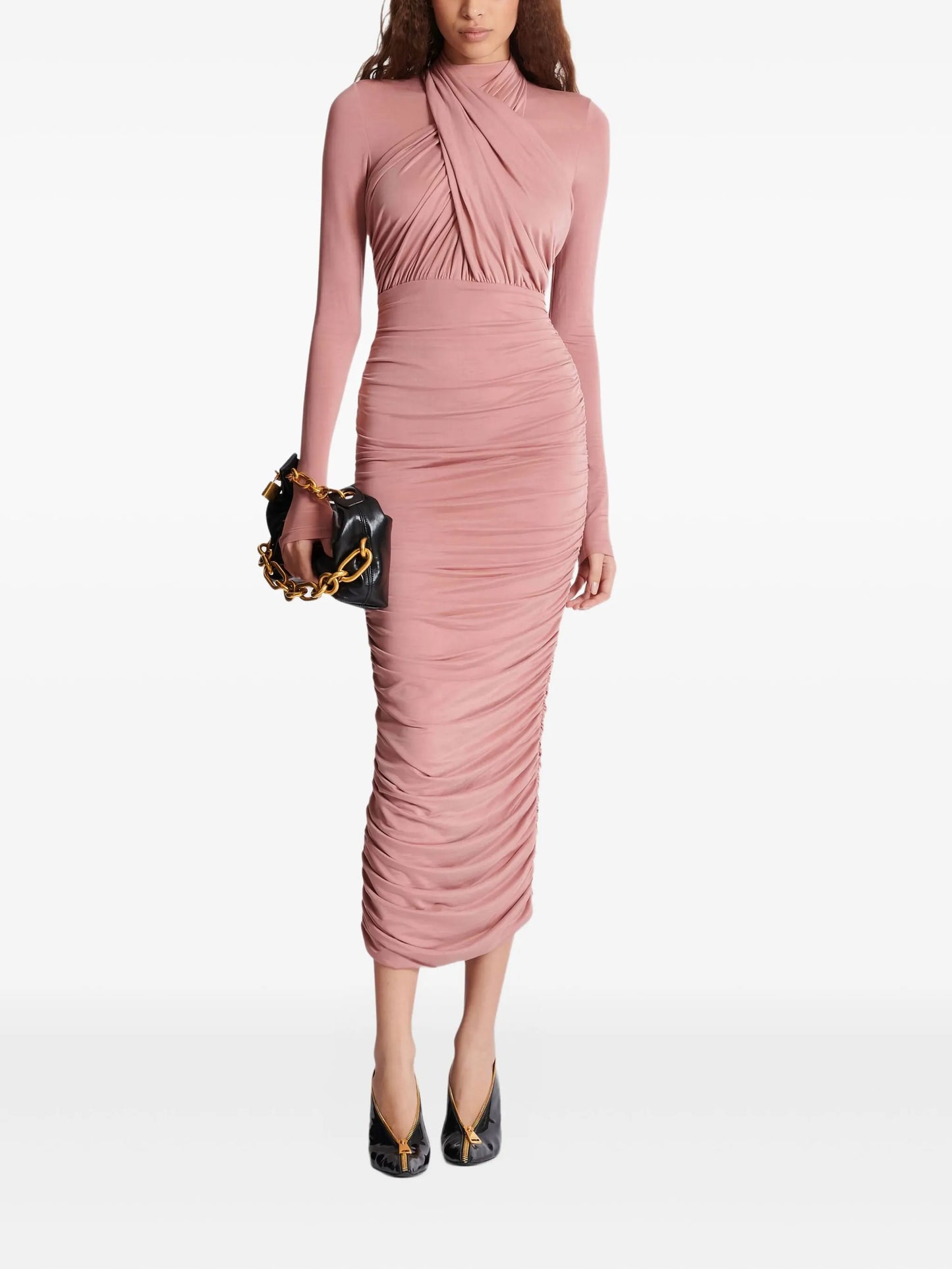 cross-neck pleated midi dress