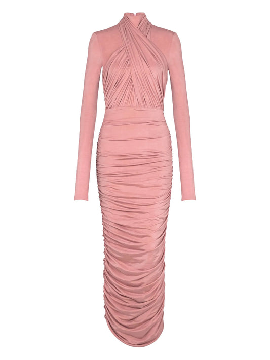 cross-neck pleated midi dress
