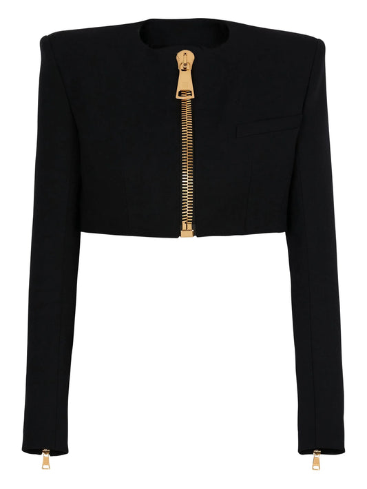 padded-shoulder zip-front jacket