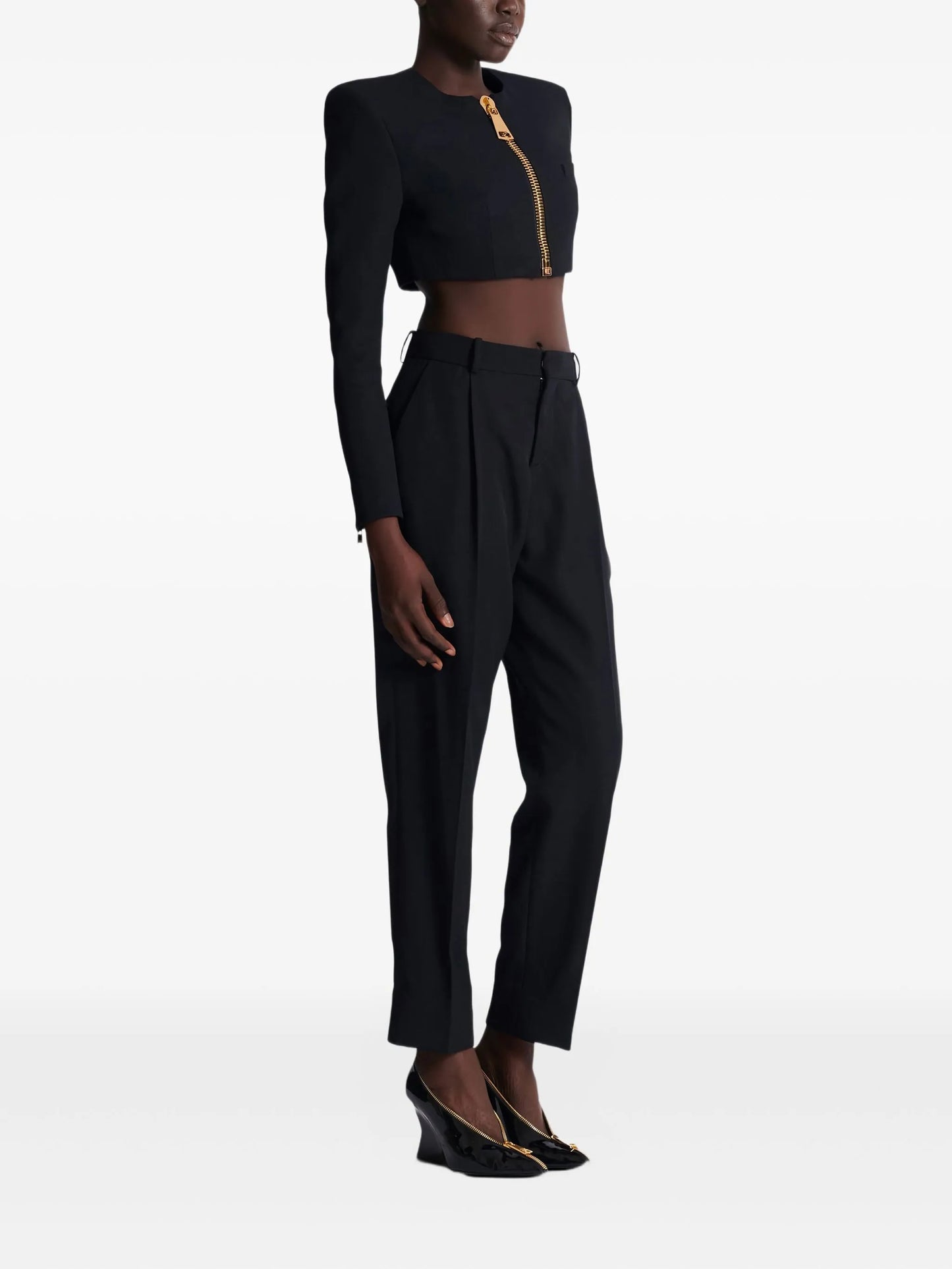 padded-shoulder zip-front jacket