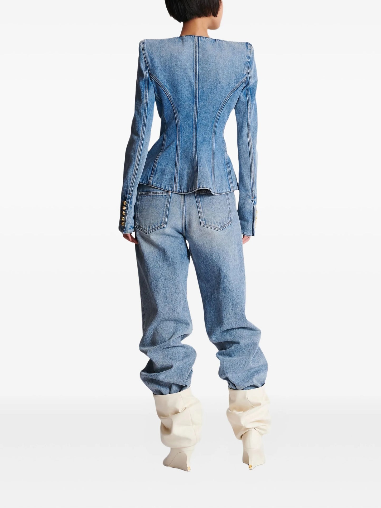 padded-shoulder buttoned denim jacket
