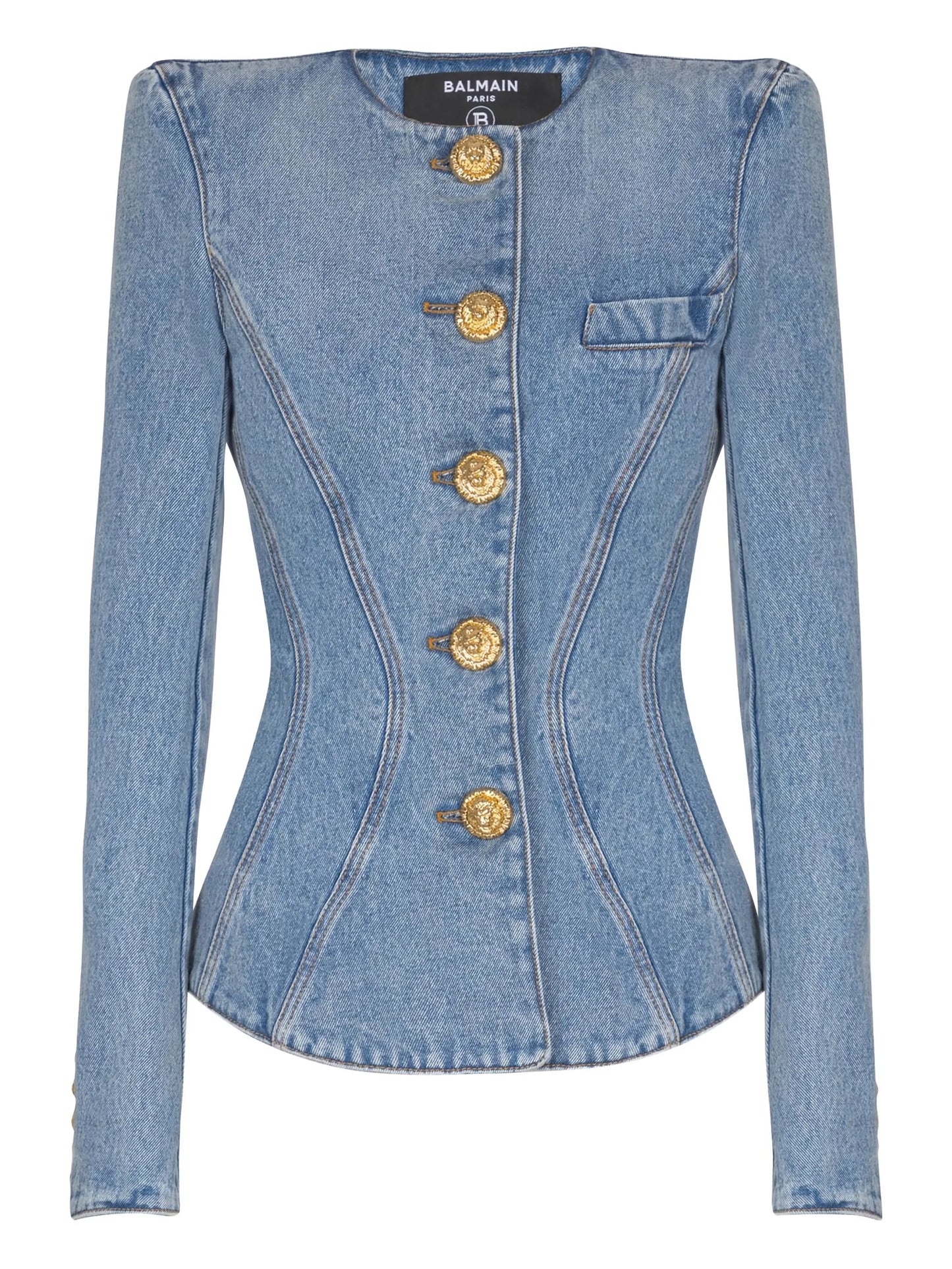 padded-shoulder buttoned denim jacket