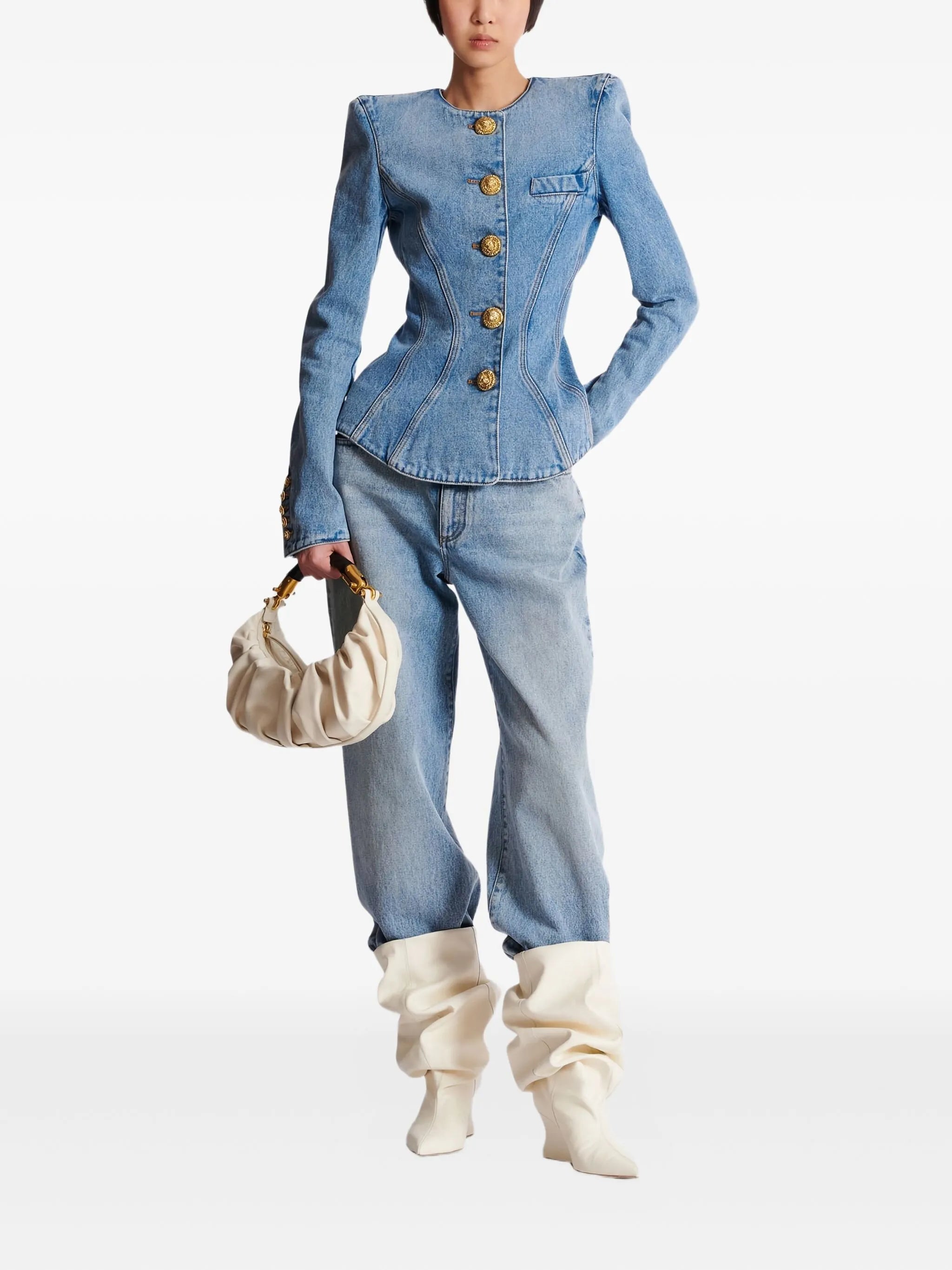 padded-shoulder buttoned denim jacket