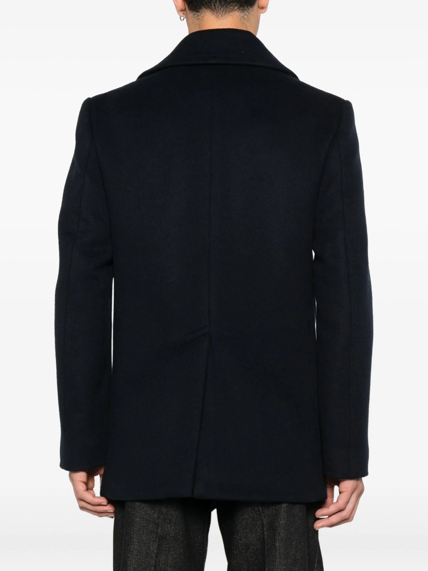 double-breasted gold-button peacoat