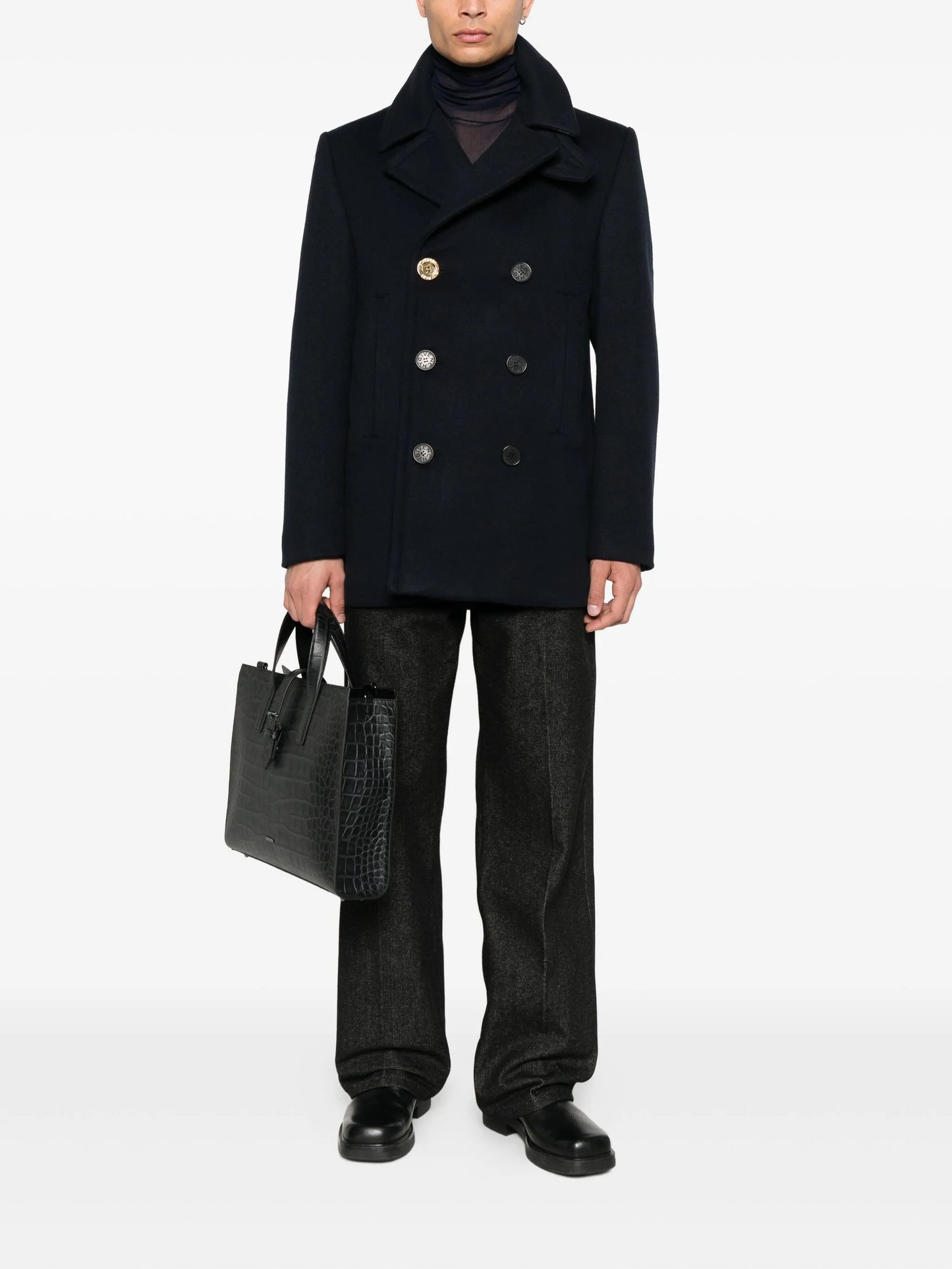 double-breasted gold-button peacoat