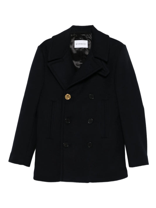 double-breasted gold-button peacoat
