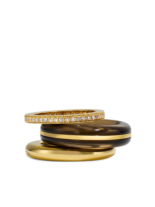 14CT gold diamond and quartz ring stack