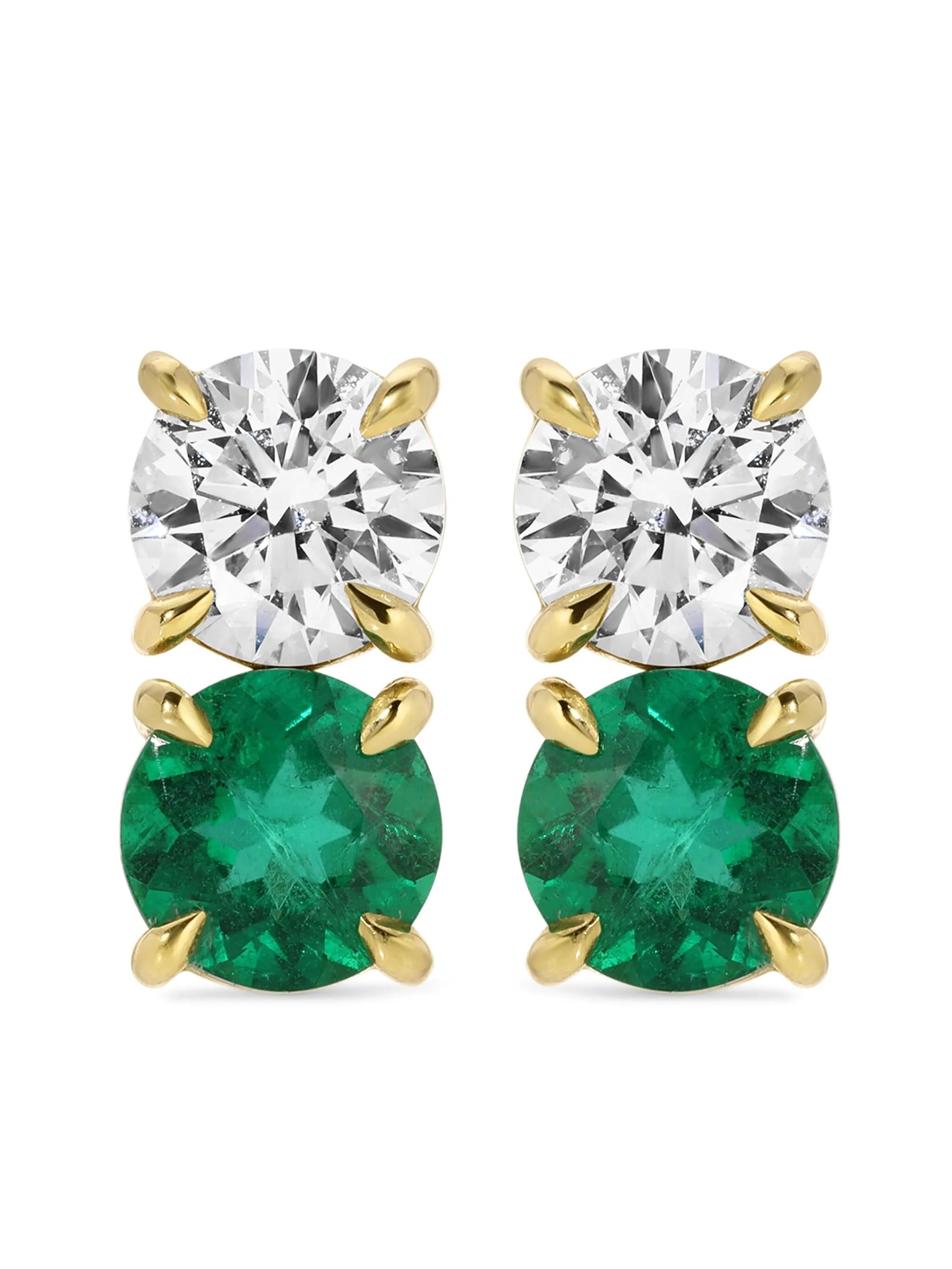 18K Gold Diamond Emerald Studs Earrings