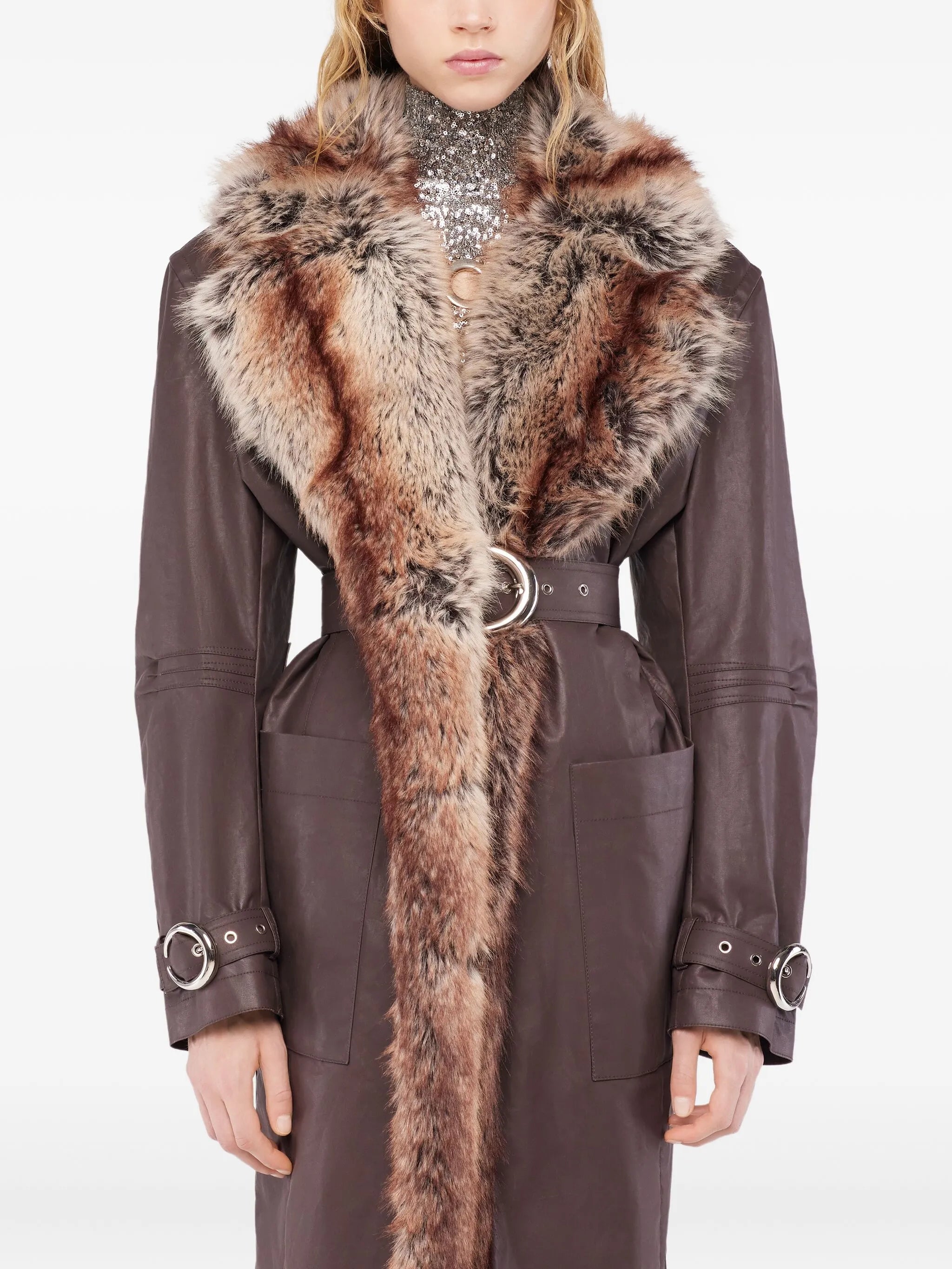 fur-trimmed belted coat