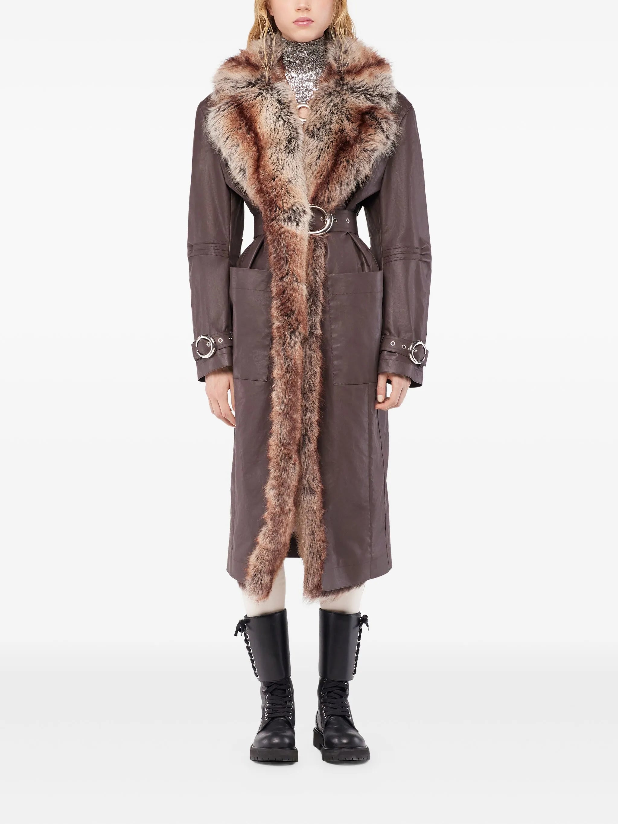 fur-trimmed belted coat