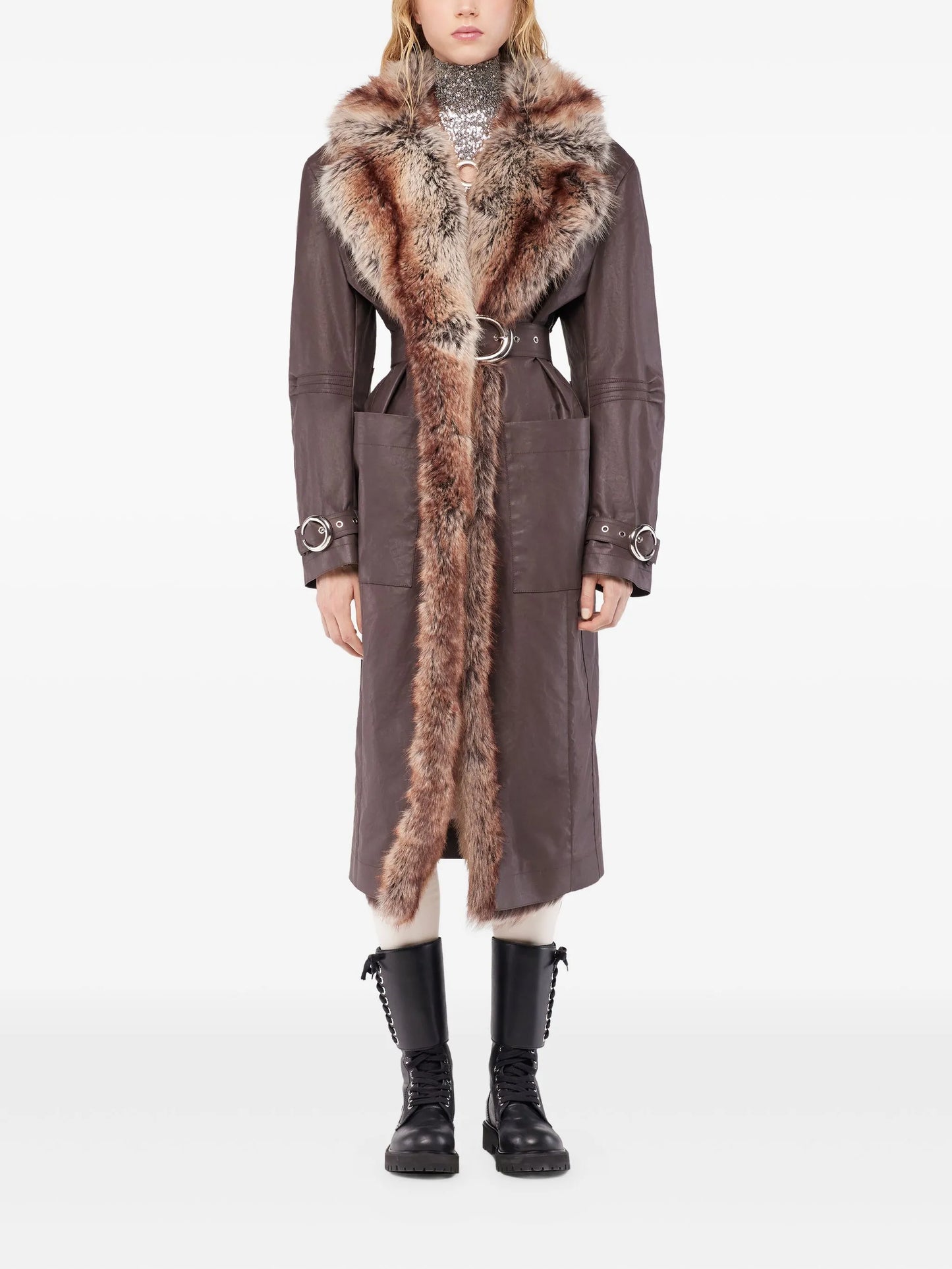 fur-trimmed belted coat