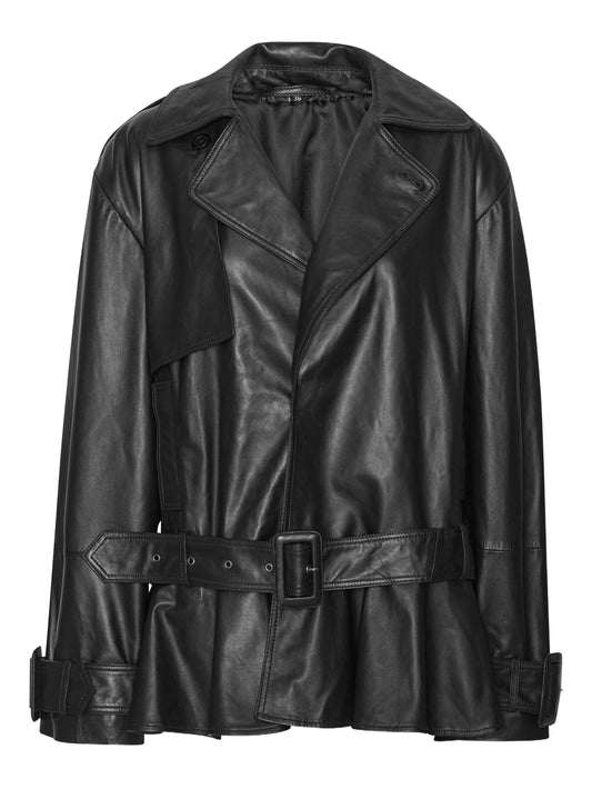 belted ruffle leather jacket