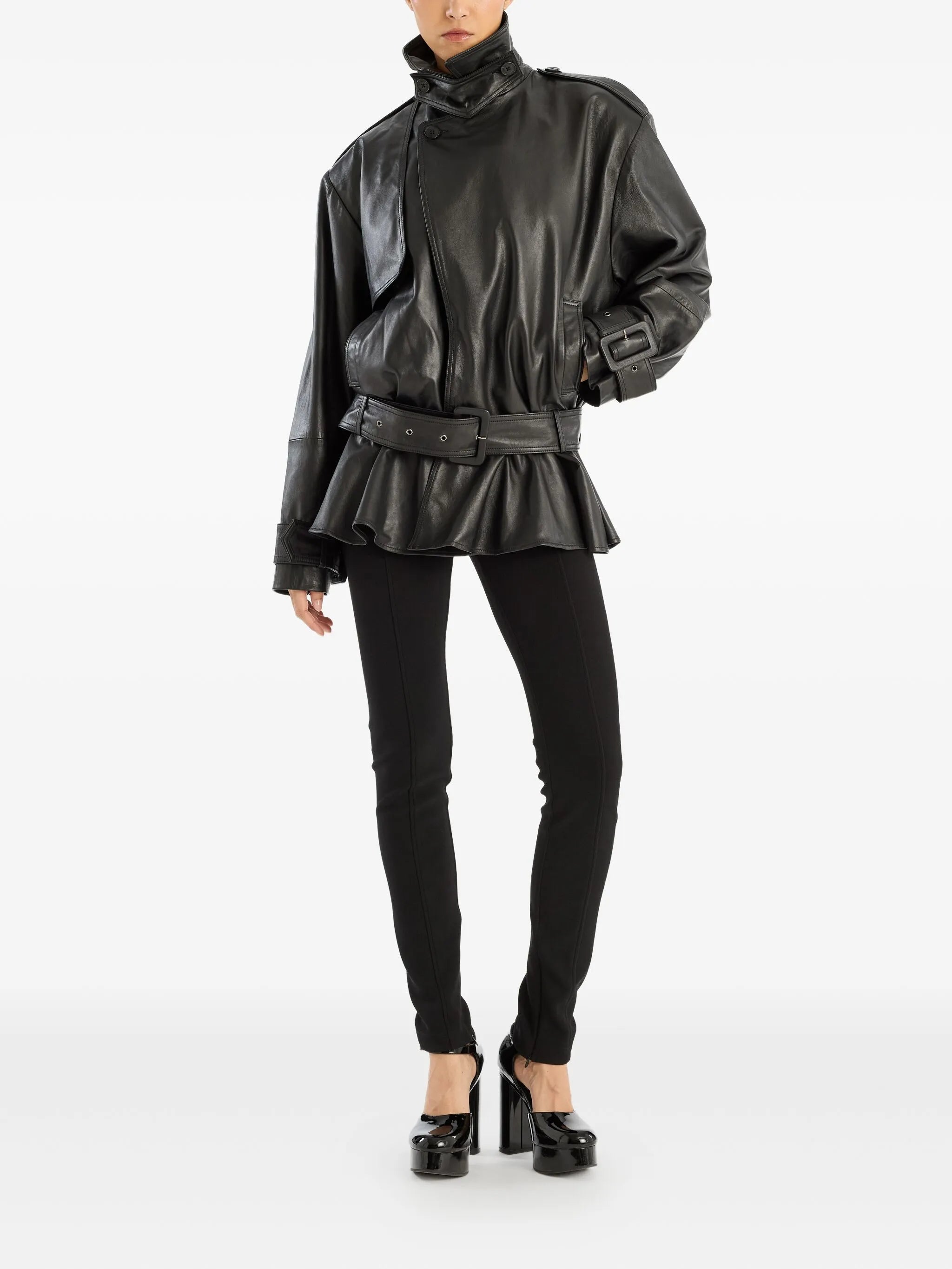 belted ruffle leather jacket