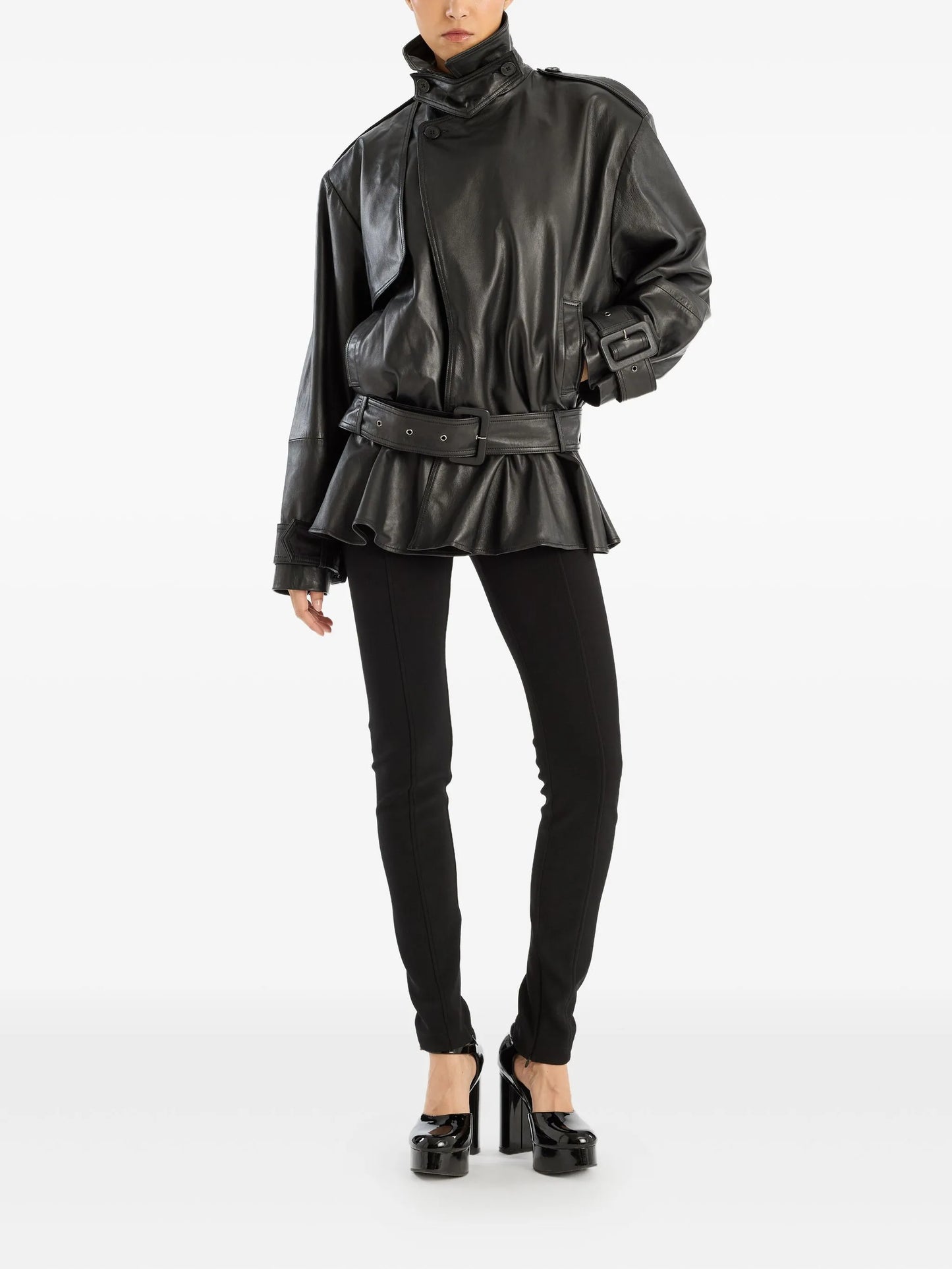 belted ruffle leather jacket