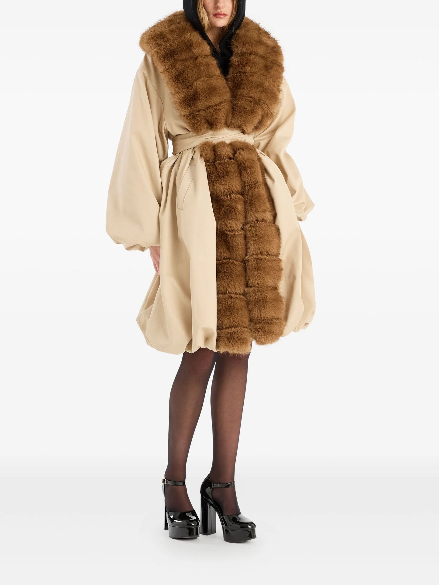 faux-fur-collar balloon-hem coat