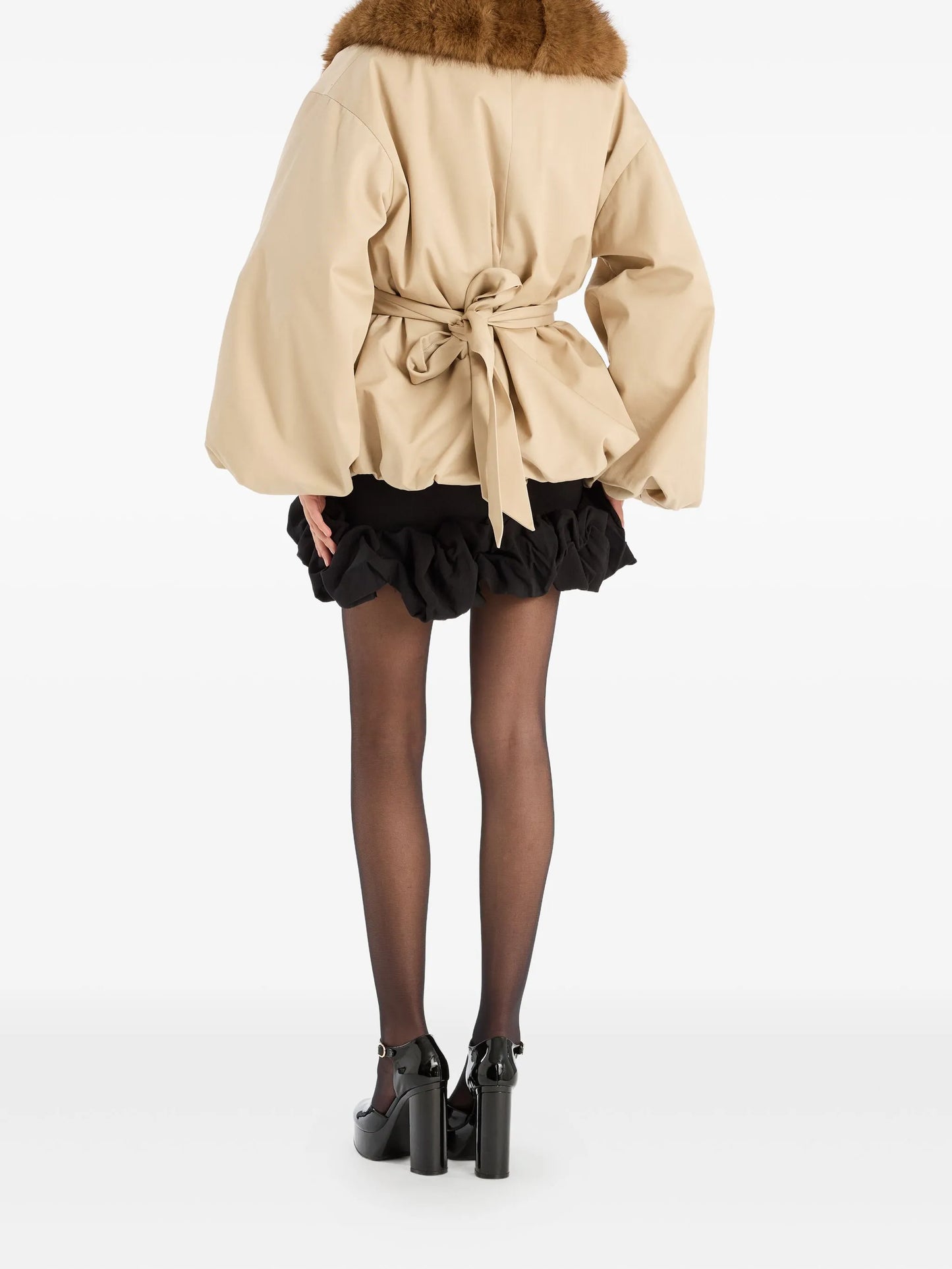 trimmed-collar belted jacket