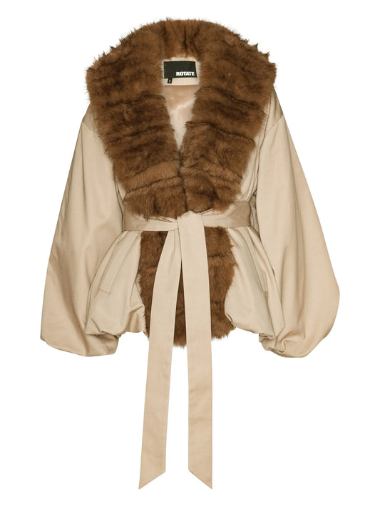 trimmed-collar belted jacket