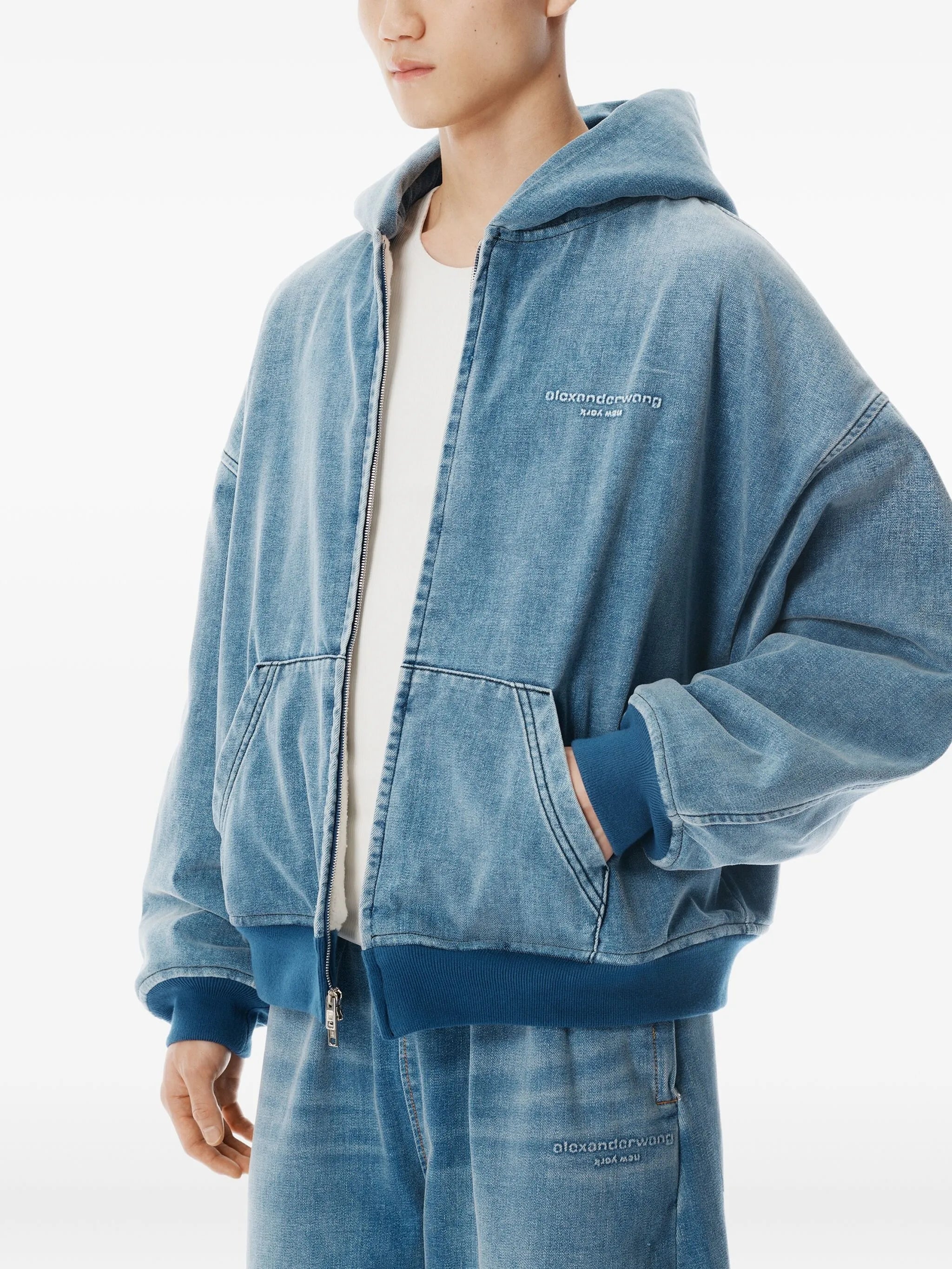 hooded zip-up denim jacket