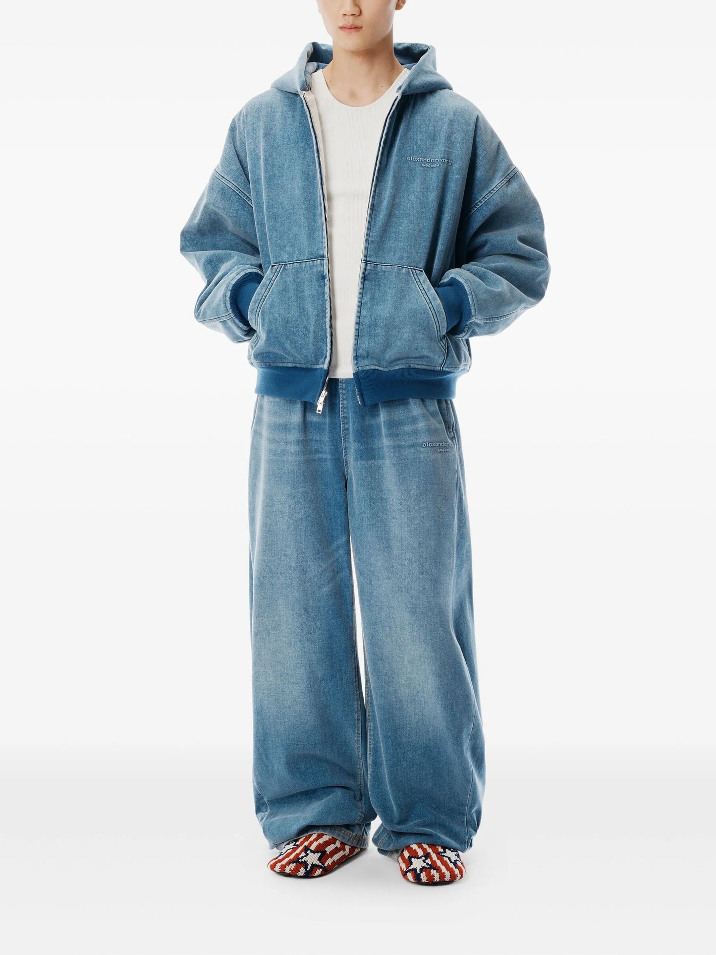 hooded zip-up denim jacket