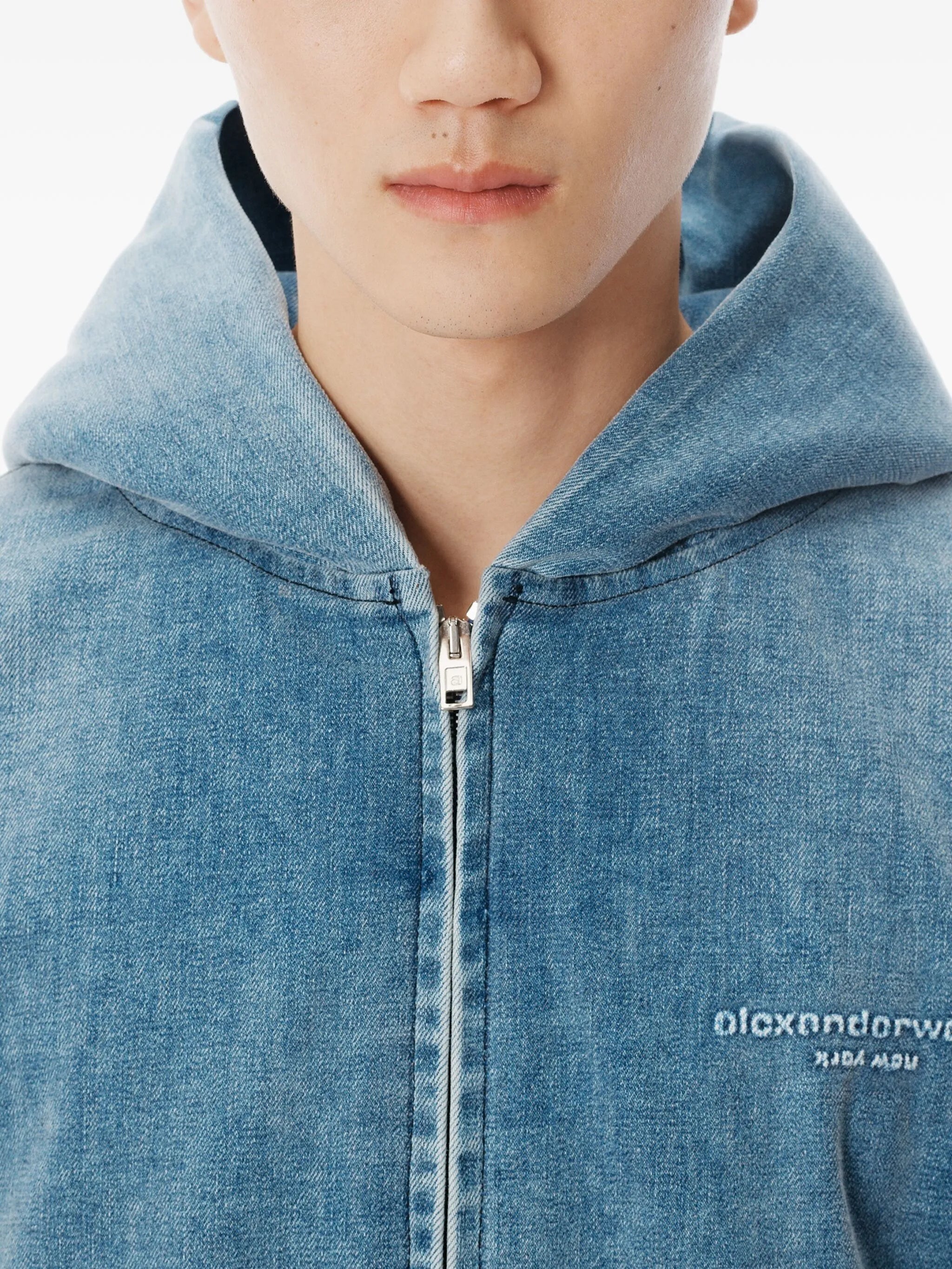 hooded zip-up denim jacket