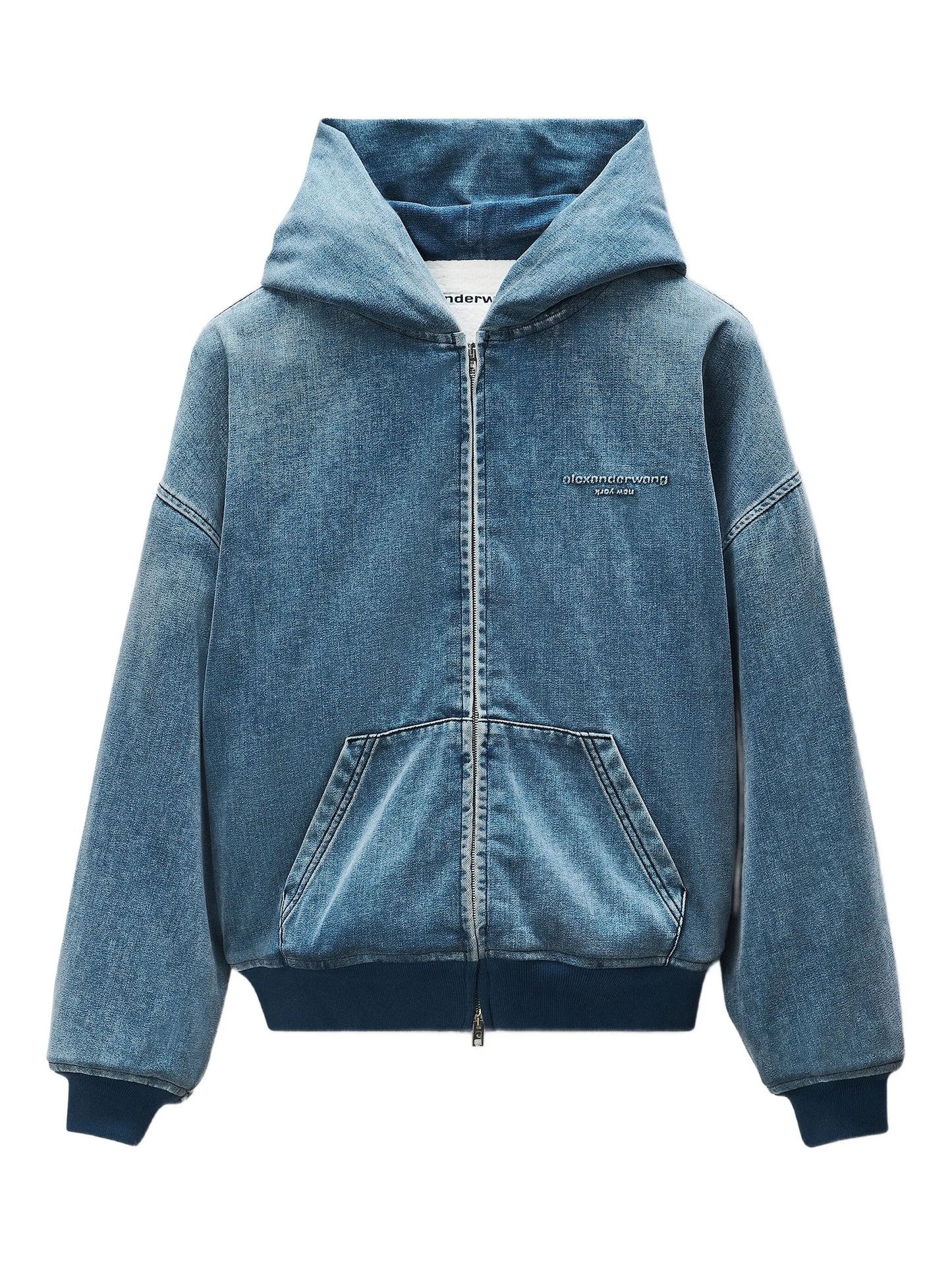 hooded zip-up denim jacket