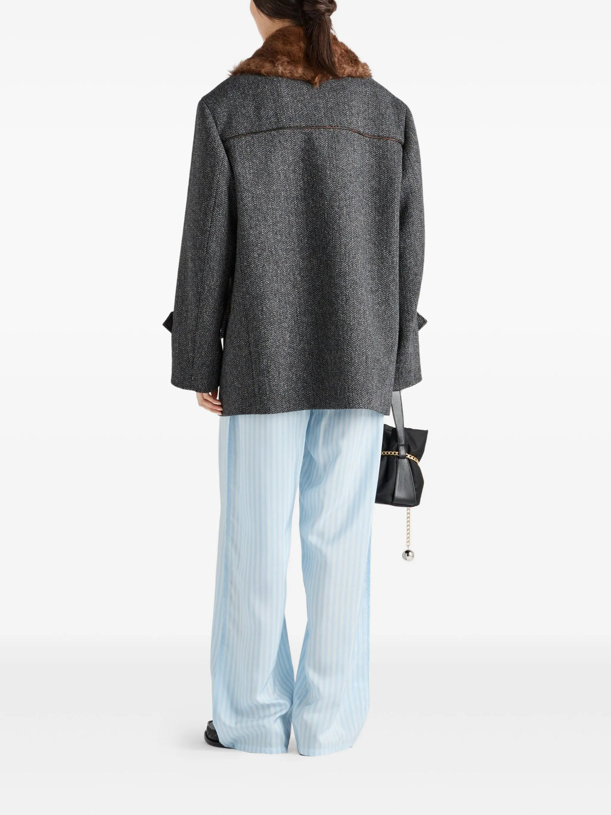 herringbone shearling-collar coat