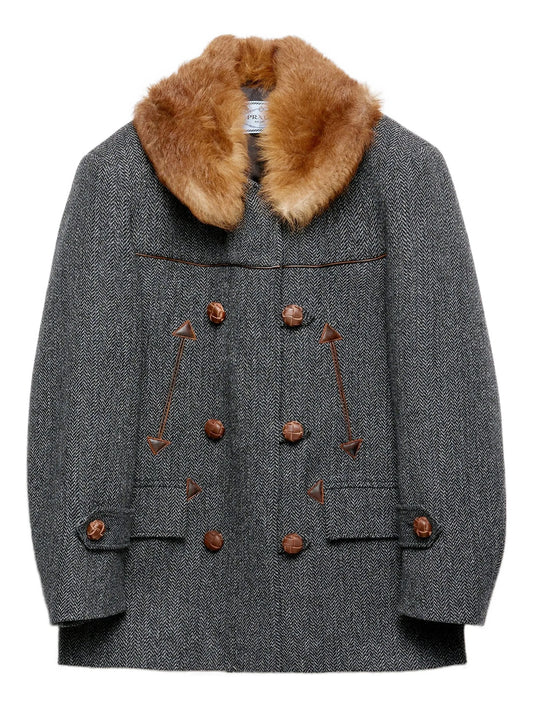 herringbone fur-collar coat